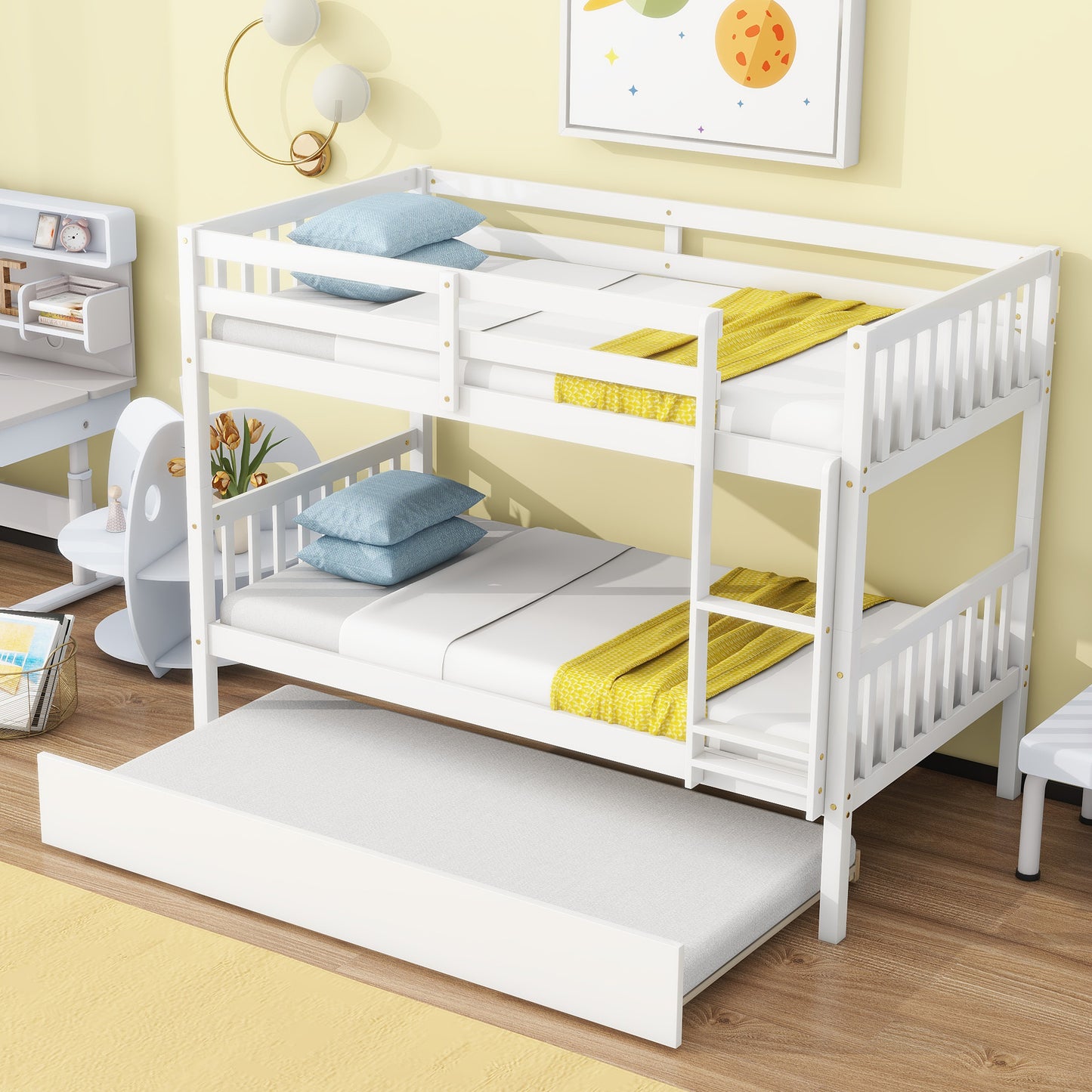 Sesslife Twin Over Twin Bunk Bed with Trundle, Wood Twin Over Twin Convertible Bunk Bed with Guardrails, Ladder, Bunk Bed for Kids, Dorm, Bedroom, White