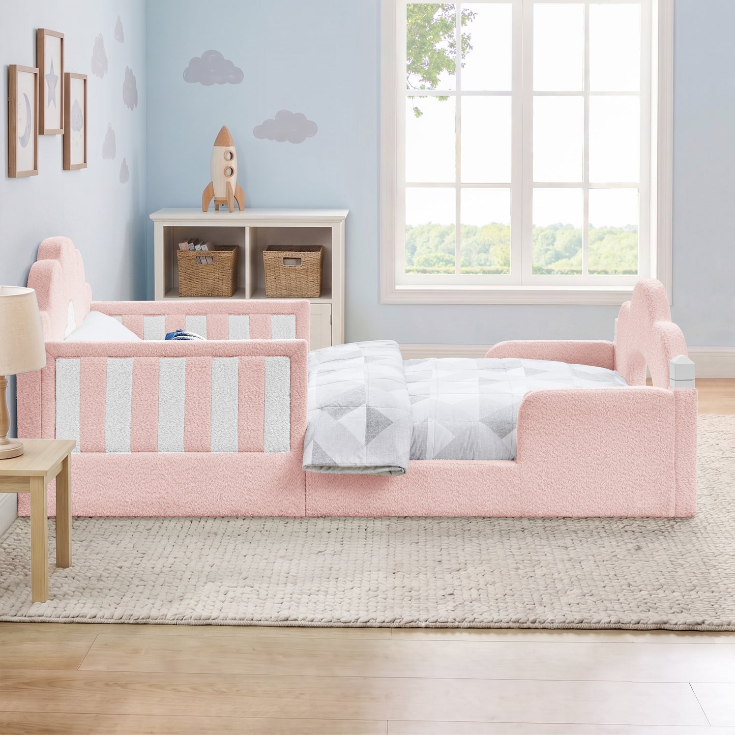 SESSLIFE Upholstered Twin Size Floor Bed with Cloud Headboard, Twin Platform Bed with Safety Guardrails, Solid Wood Frame, Low Profile Montessori Bed for Little Boys Girls, Sky Blue