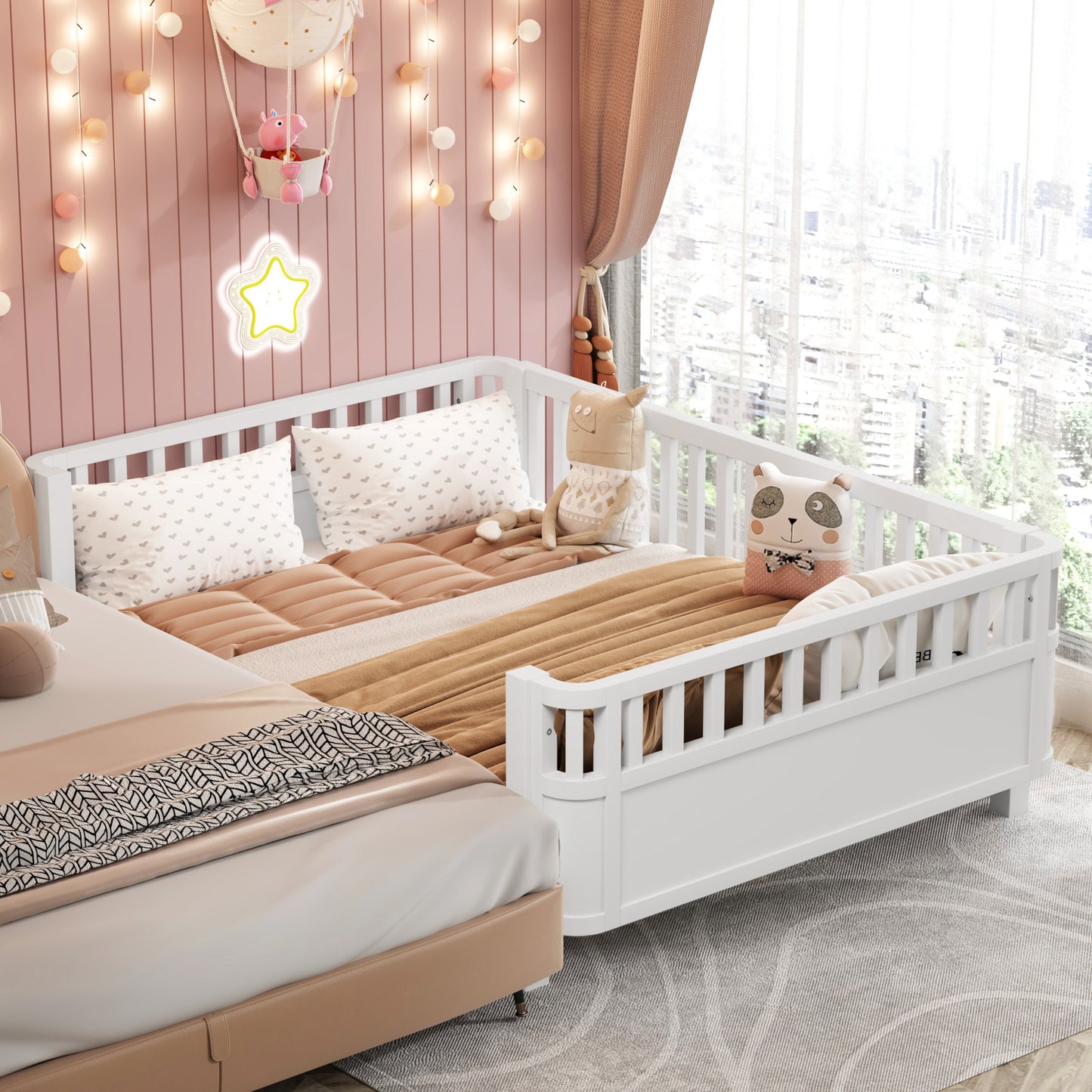 Sesslife Toddler Bed, Wood Twin Platform Bed Frame, Twin Size Bed Frame with Salts and Safety Fence for Boys Girls, Low Profile Bed Twin with Removable Guardrail, No Box Spring Needed, White