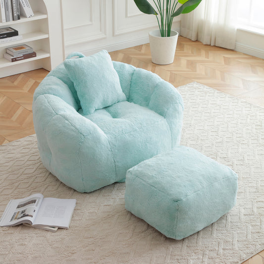 SESSLIFE Oversized Faux Fur Bean Bag Chair with Footstool, Giant Bean Bag Chair for Adults, Shell Shape Bean Bag Couch, Floor Sofa for Gaming Reading Living Room, Light Blue