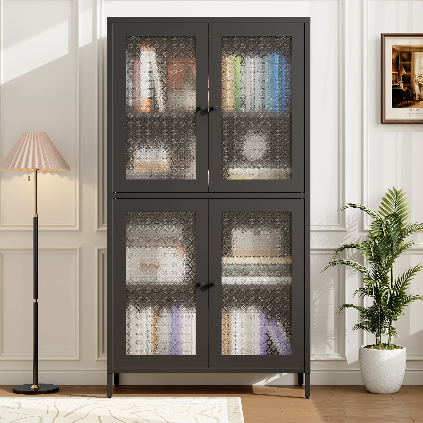 SESSLIFE 59” Classic Metal Storage Cabinet with Tempered Glass Doors and Adjustable Shelves, Freestanding Display Bookcase for Home Office, Living Room, Kitchen, Bedroom