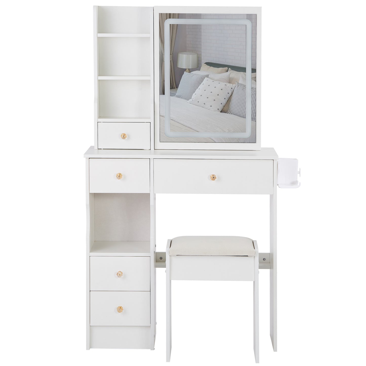 SESSLIFE Vanity Desk with Mirror and Lights, Modern Vanity Desk with Storage and Stool, Makeup Vanity with USB Ports for Small Spaces, White