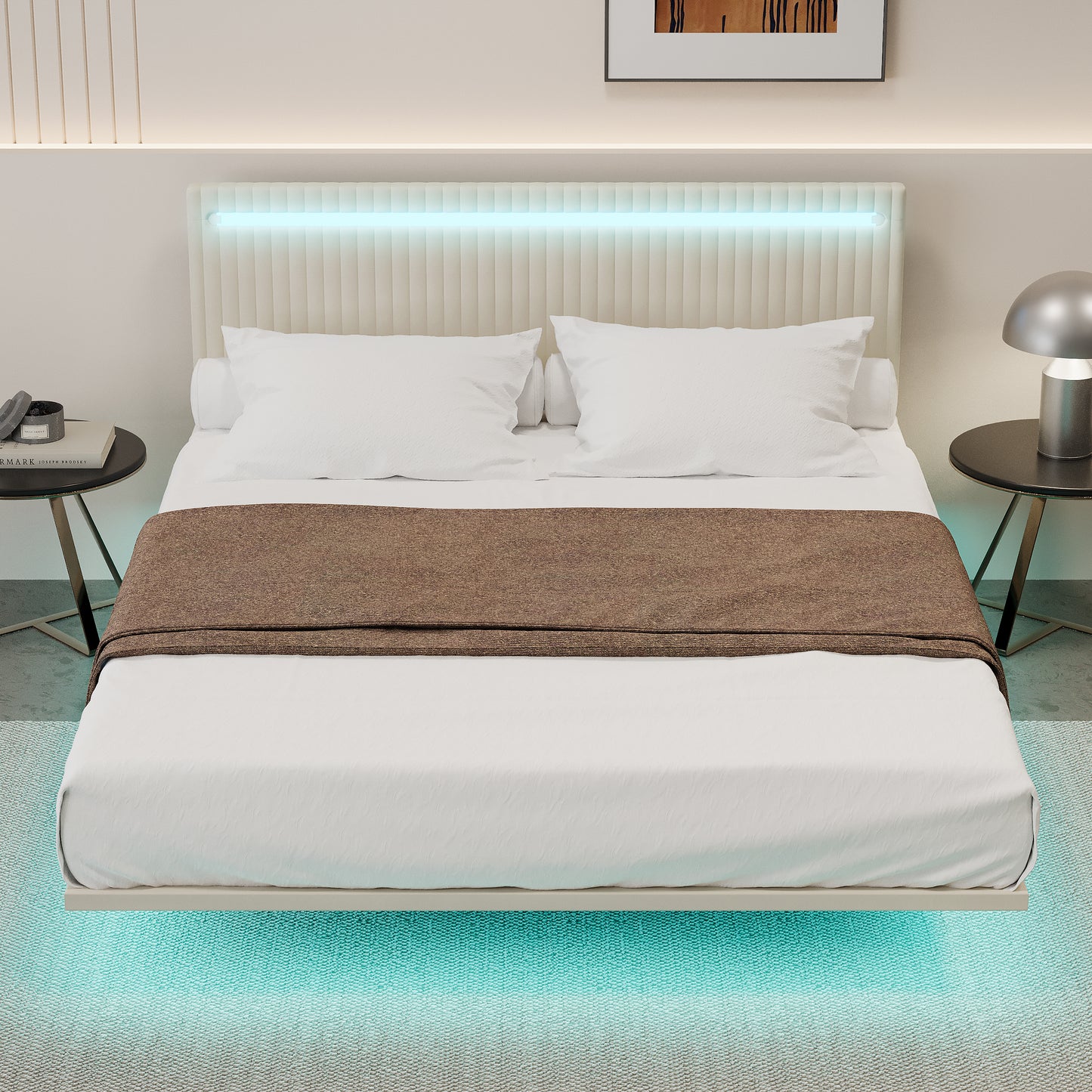 Queen Floating Bed Frame, Upholstered Velvet Platform Bed Frame with Adjustable Headboard, RGB LED Lights, Modern Queen Bed Frame with Underbed Sensor Lights, No Box Spring Needed, Beige
