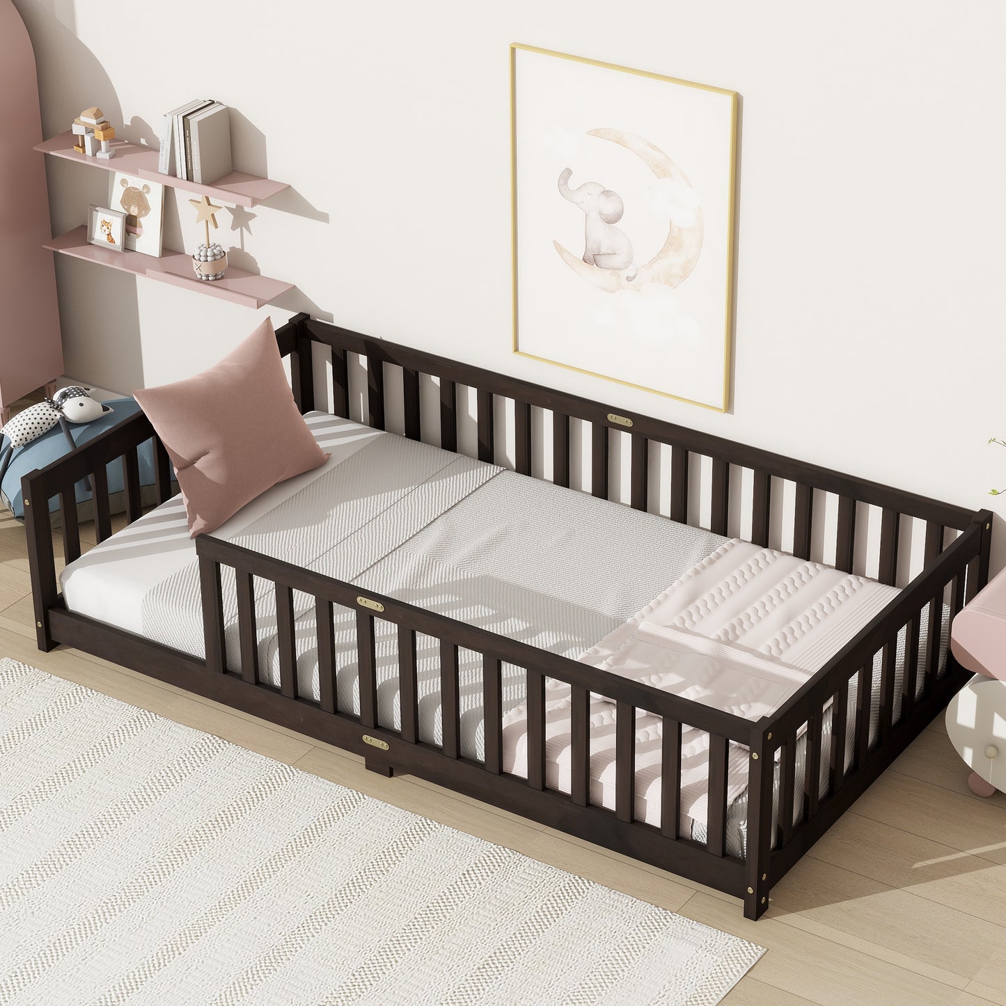 Sesslife Twin Montessori Floor Bed, Twin Size Floor Bed with Fence Without Door, Toddler Bed with Salts, Safety Guardrails, No Box Spring Needed, Twin Bed for Kids Girls, Boys, White