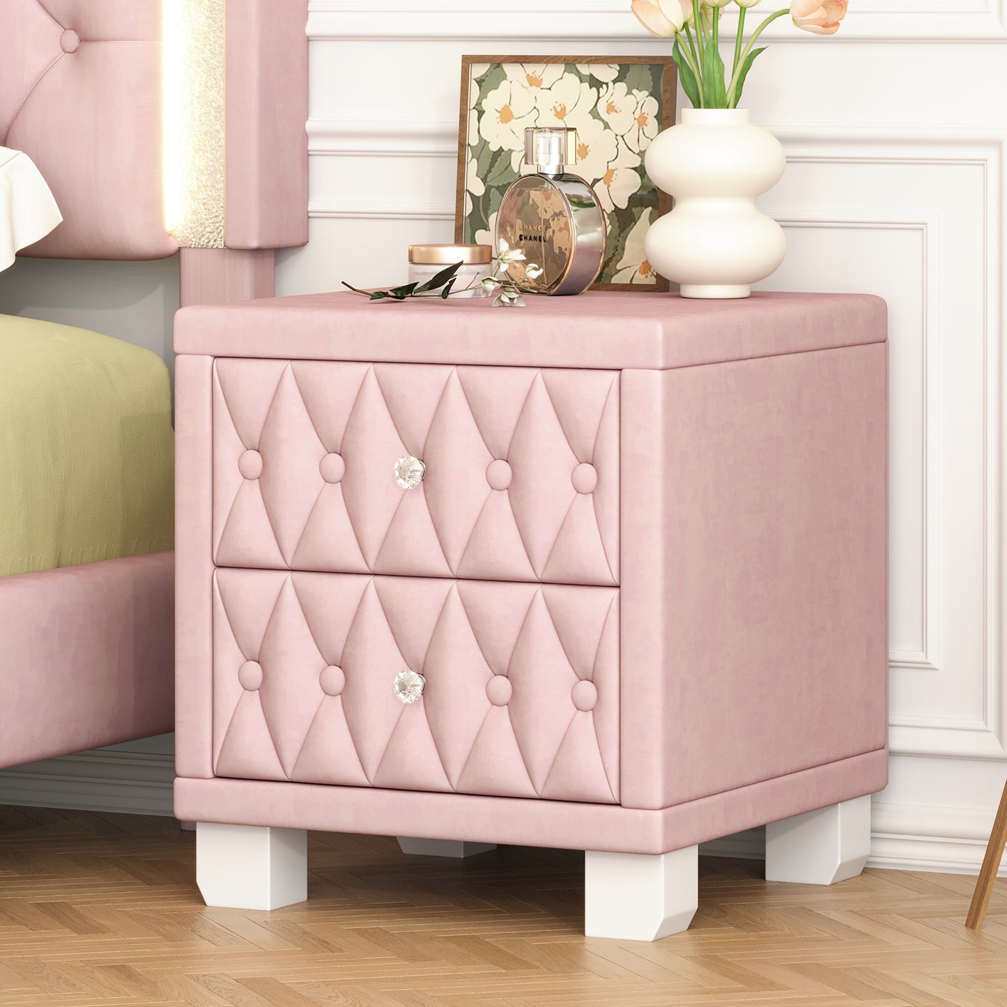 SESSLIFE Velvet Nightstand with 2 Drawers, Button Tufted Bedside Table with Crystal Handles, Upholstered Storage Side Table for Bedroom, Beige