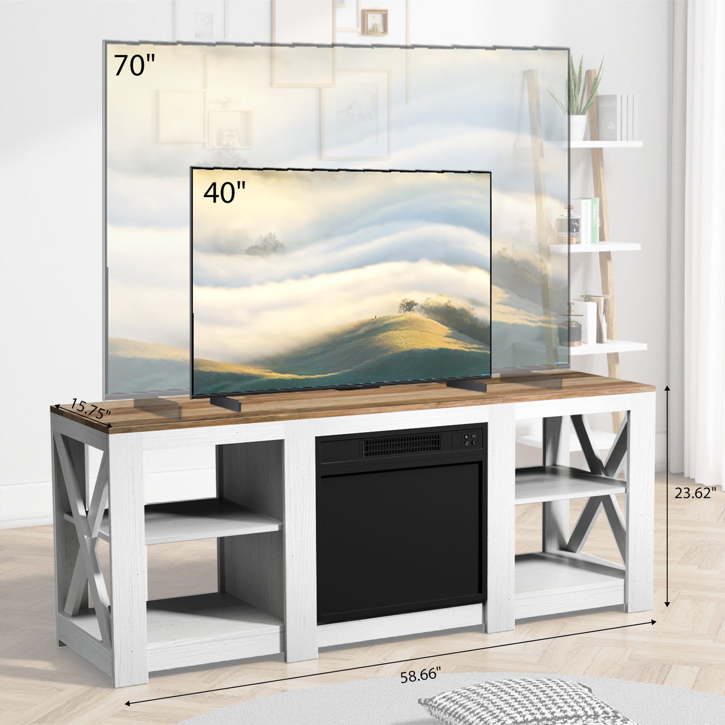SESSLIFE 58 Inch Fireplace Cabinet with Electric Fireplace Insert, Farmhouse Fireplace Console with Double-Sided Cross Design, Storage Furniture for Living Room, White & Brown