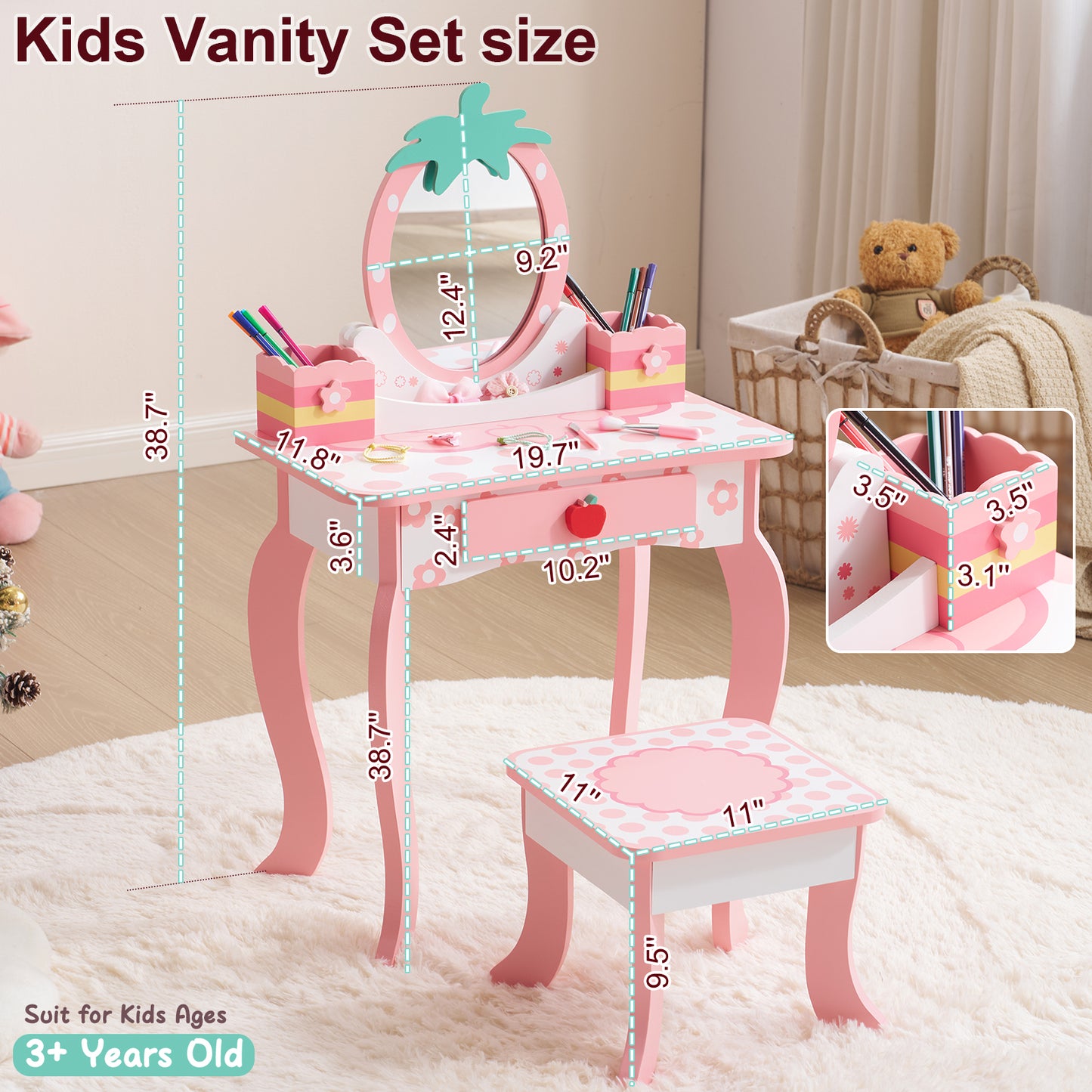 SESSLIFE Vanity Desk Set with Drawers and Storage, Compact Dressing Table Organizer for Bedroom, Pink Makeup Vanity Table, Cute Apple Accent
