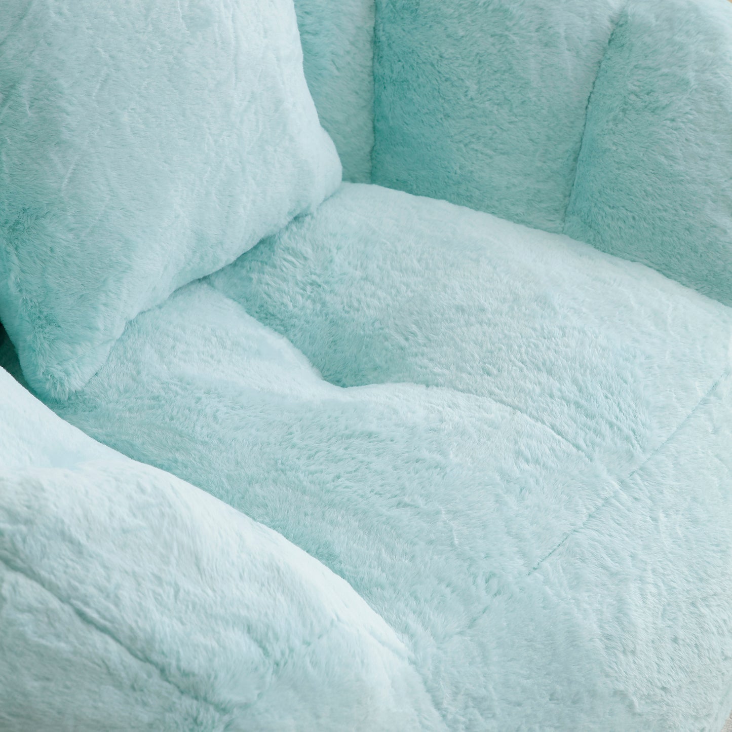 SESSLIFE Oversized Faux Fur Bean Bag Chair with Footstool, Giant Bean Bag Chair for Adults, Shell Shape Bean Bag Couch, Floor Sofa for Gaming Reading Living Room, Light Blue