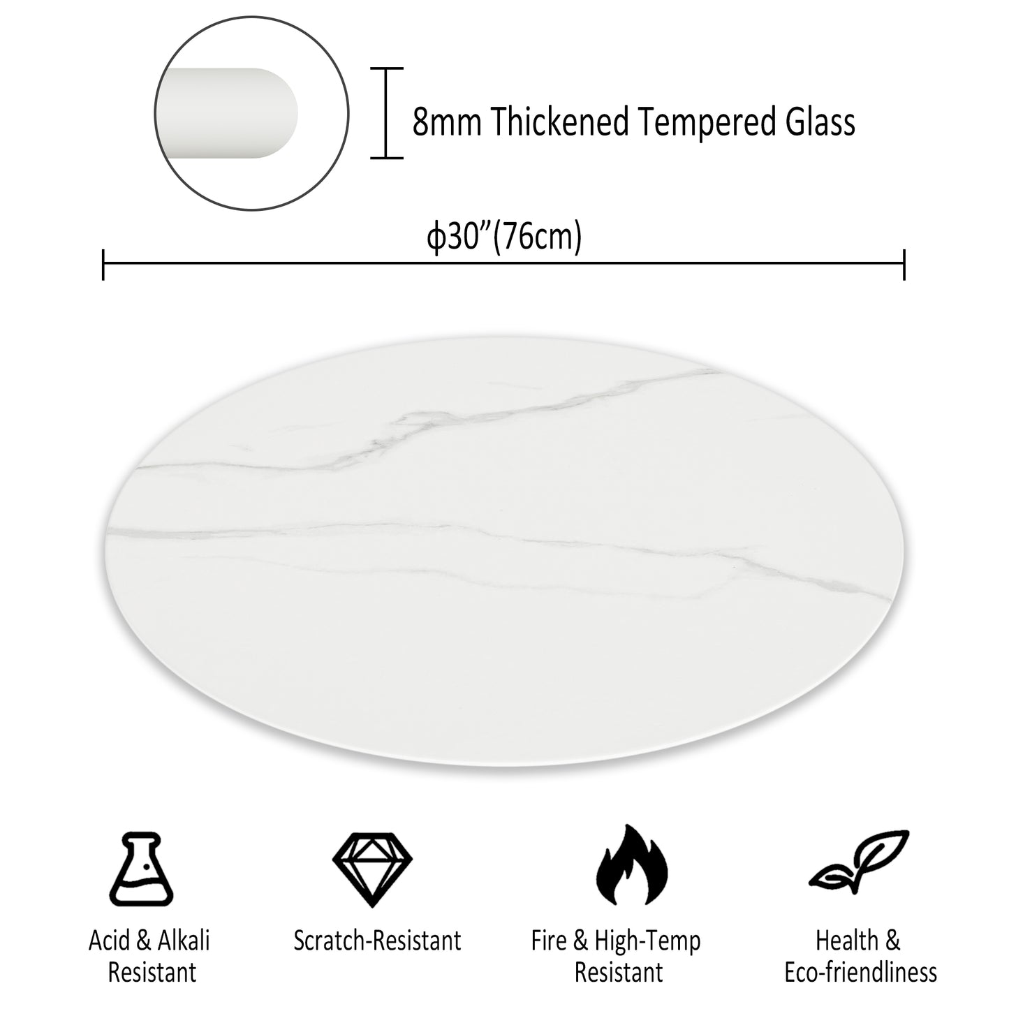 SESSLIFE 30" Round Tempered Glass Table Top with Marble Design, Premium Strong Load Bearing, Heat Resistant Glass Table Top Replacement for Dining Table, Coffee Table, Patio