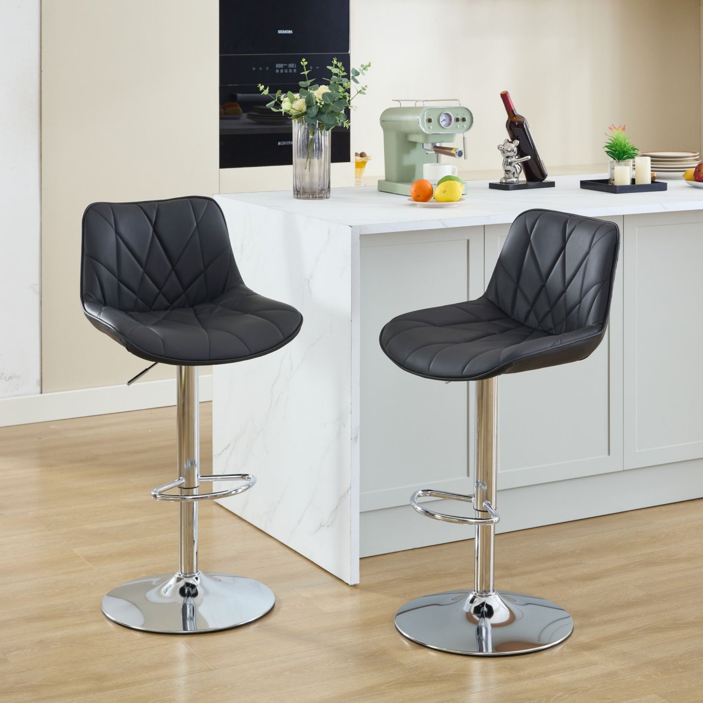 Bar Stools Set of 2, Modern PU Leather Adjustable Swivel Barstools with Back and Metal Frame, Counter Height Kitchen Island Chairs