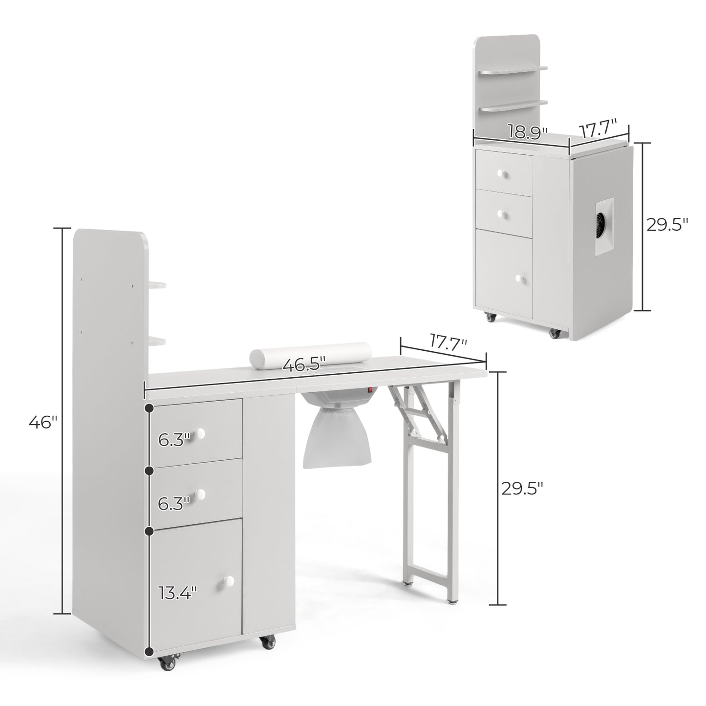 SESSLIFE Mobile Vanity Desk with 2 Drawers, Foldable Manicure Station with Cabinet Door and Storage Shelf, Portable Nail Tech Table for Home Salon and Professional Use, White