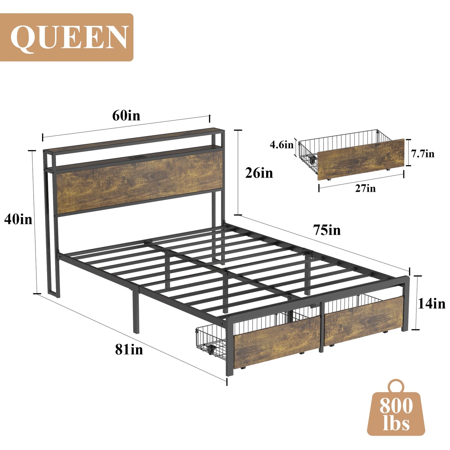 Sesslife LED Full Bed Frame with Storage Headboard and 2 Drawers, Heavy Duty Industrial Metal Platform Bed Full Size with Charging Station, Large Underbed Storage Space, No Box Spring Needed, Brown