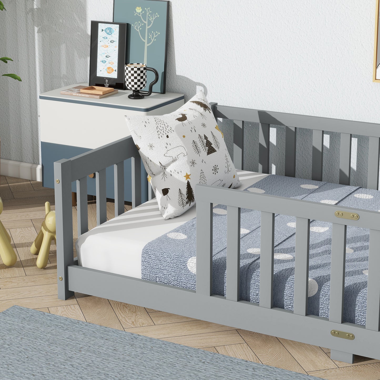 Sesslife Twin Montessori Floor Bed, Twin Size Floor Bed with Fence Without Door, Toddler Bed with Salts, Safety Guardrails, No Box Spring Needed, Twin Bed for Kids Girls, Boys, White