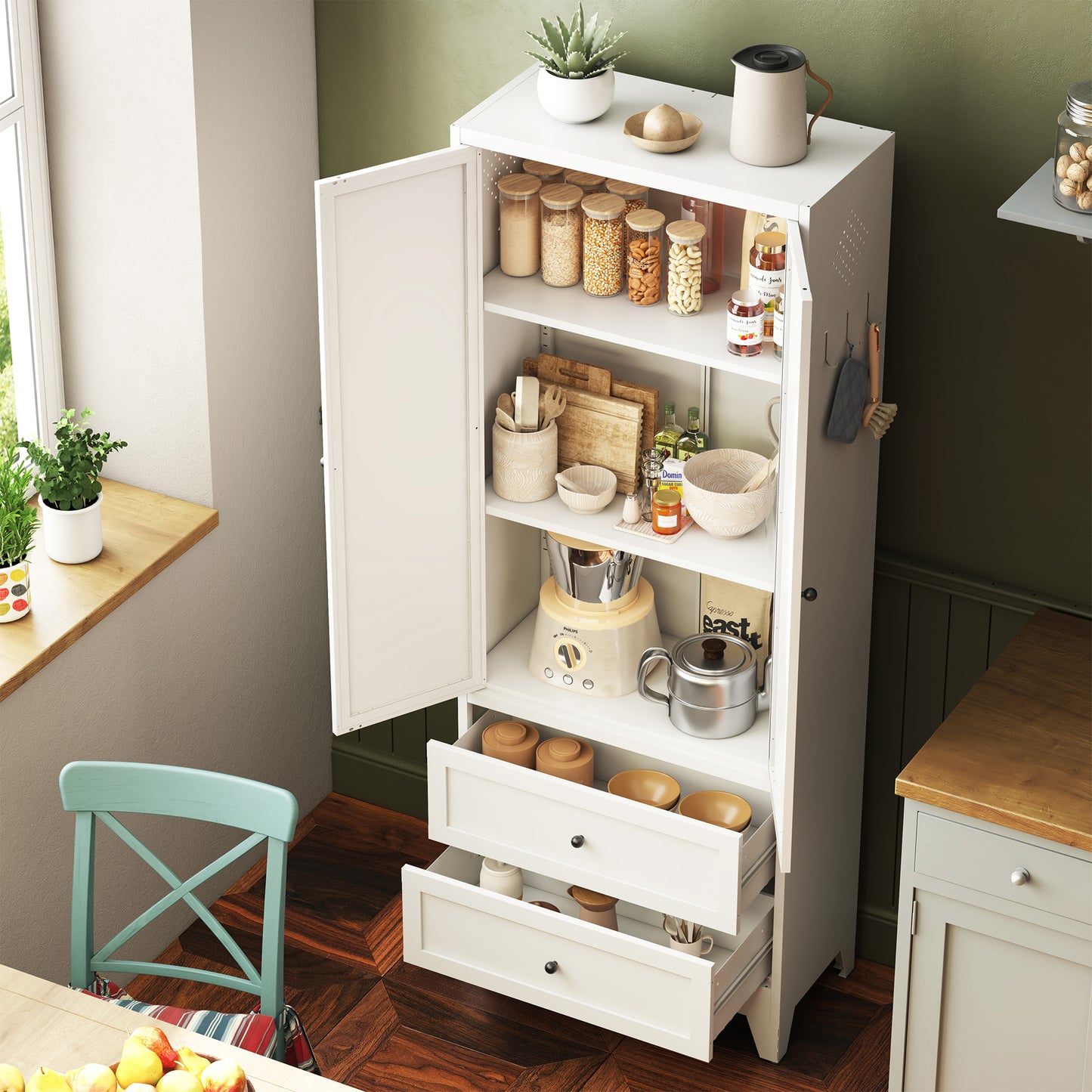 SESSLIFE 61" Modern Farmhouse Pantry Cabinet with Adjustable Shelves, Heavy-Duty White Metal Freestanding Organizer, Magnetic Closure and Anti-Tip for Kitchen/Pantry/Living Room