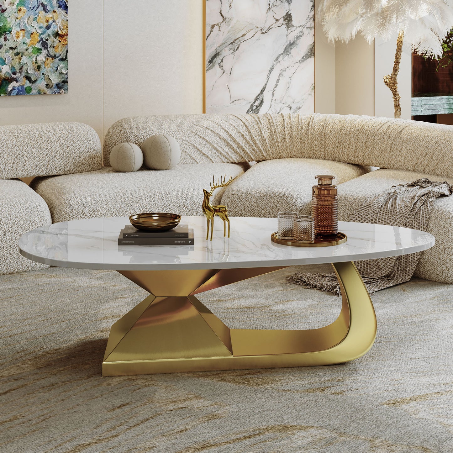 SESSLIFE Modern Coffee Table with Sintered Stone Top and Stainless Steel Base, Elegant Oval Design for Living Room, Scratch-Resistant and Heatproof, Gold