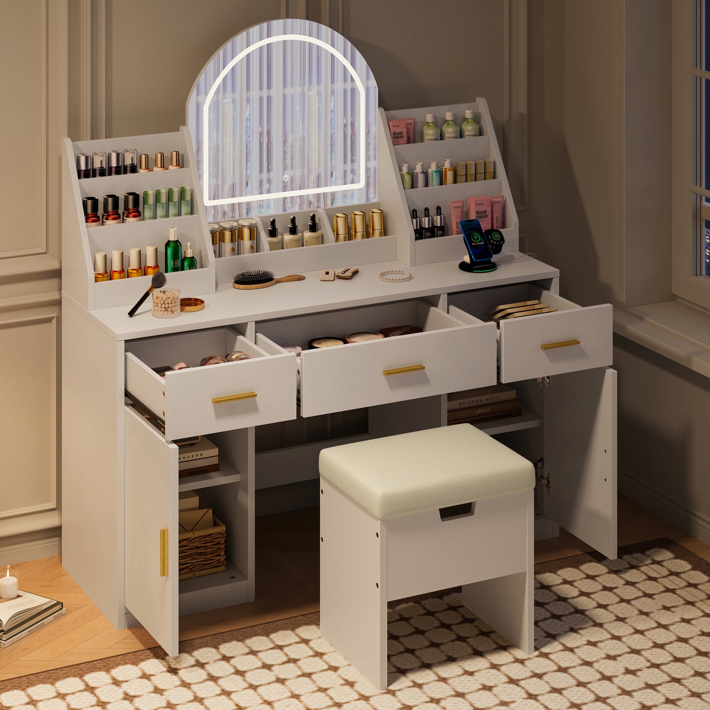 SESSLIFE Makeup Vanity with Lights and Storage, 47.2 Inch Modern Vanity Desk with LED Mirror, 3 Drawers, 2 Cabinets, Charging Station and Stool, White