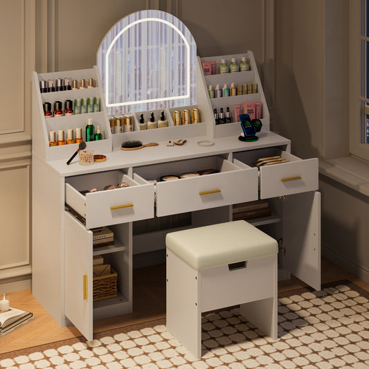 SESSLIFE Makeup Vanity with Lights and Storage, 47.2 Inch Modern Vanity Desk with LED Mirror, 3 Drawers, 2 Cabinets, Charging Station and Stool, White