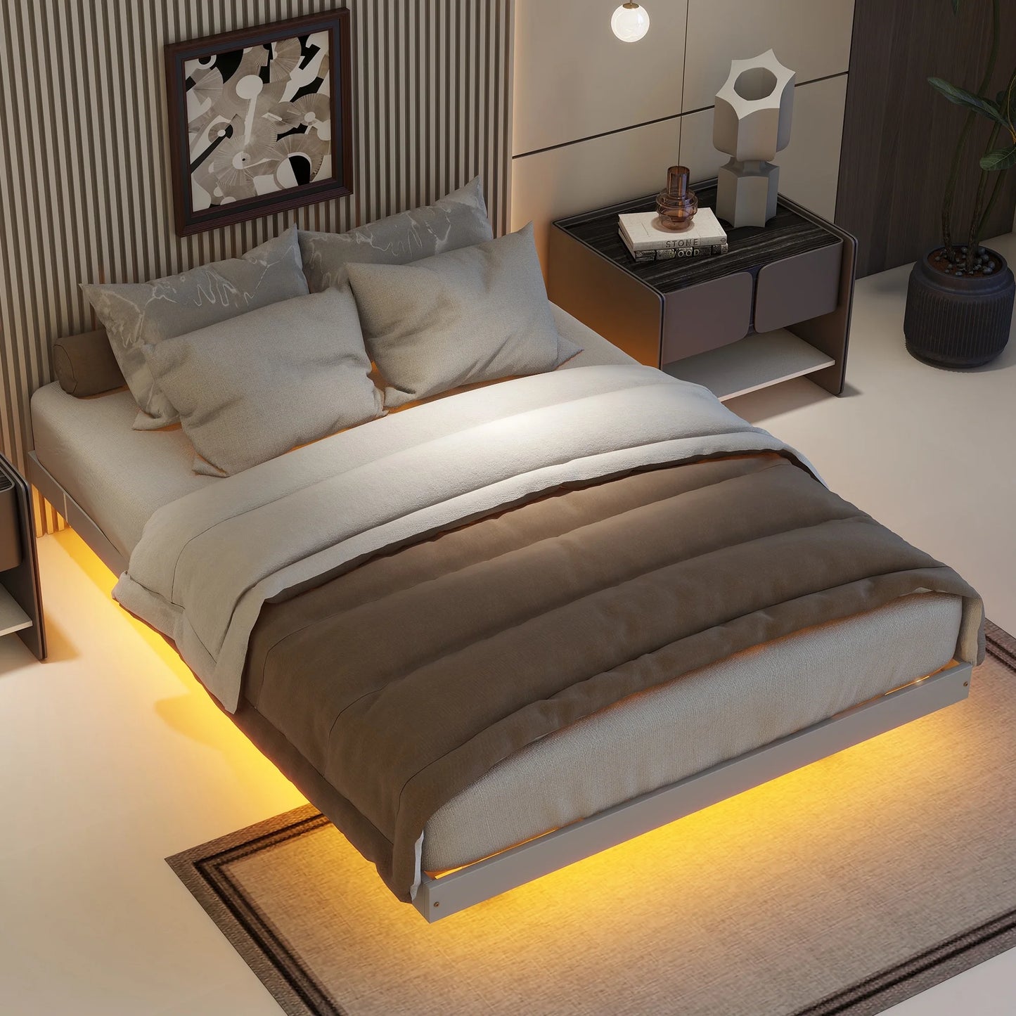 PORKISS Bed Frame, Full Size Bed Frame with LED Lights, Modern Floating Bed, Easy to Assemble, Grey