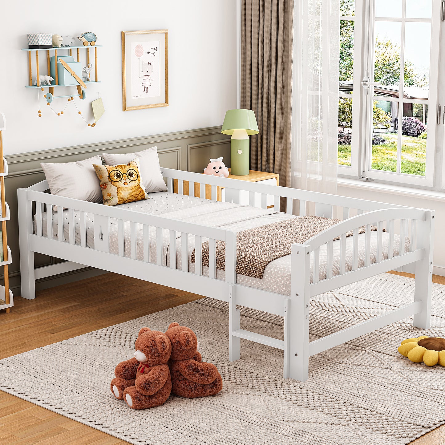 SESSLIFE Twin Size Platform Bed, Solid Wood Twin Bed Frame with Slats, Fence Guardrail Ladder, Twin Floor Bed with Strong Legs for Boys Girls, No Box Spring Needed, Holds 400 lbs, White
