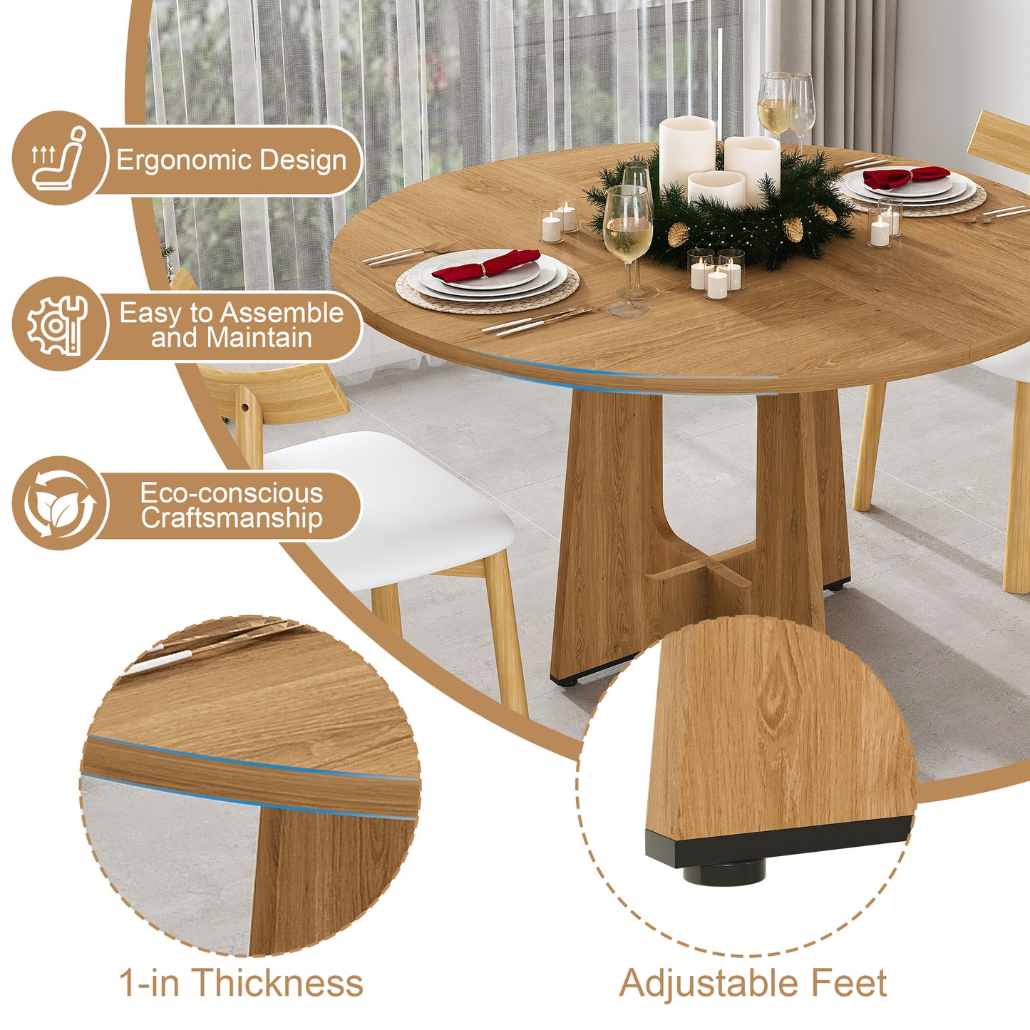 SESSLIFE 47" Round Dining Table for 4–6, Farmhouse Kitchen Table with Wood Grain Finish, Sturdy MDF Top and Metal Base, Easy Assembly, Ancient Oak