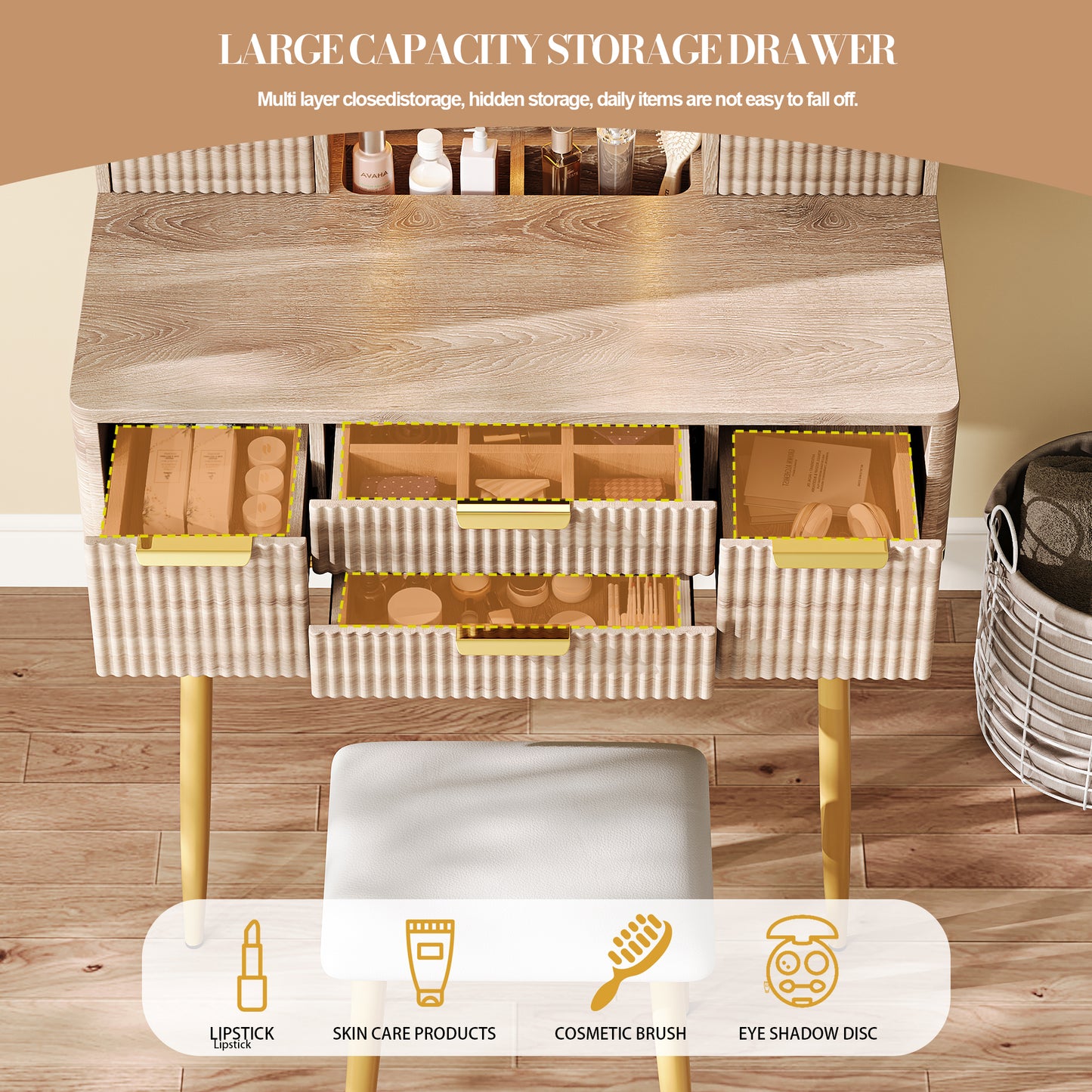 Vanity Table with Mirror and PU Stool, SESSLIFE 4-Drawer Carved Makeup Desk with LED Lighting, Elegant Dressing Table for Bedroom, Compact Design, Yellow Brown
