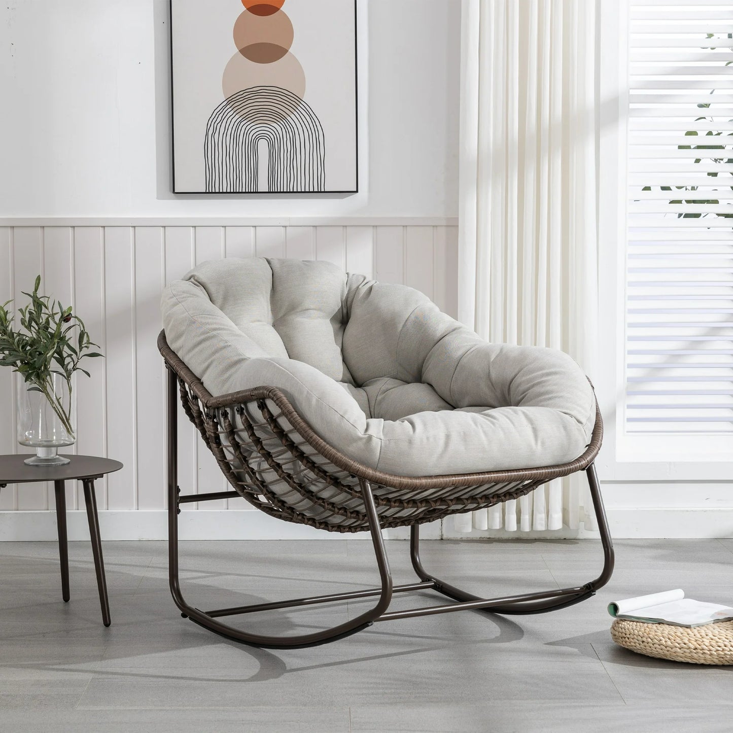 Papasan Rocking Chair Indoor and Outdoor, Patio Rocker Recliner Chair with Padded Cushion, Modern Lounge Egg Chair with Steel, Rattan Frame, Orange