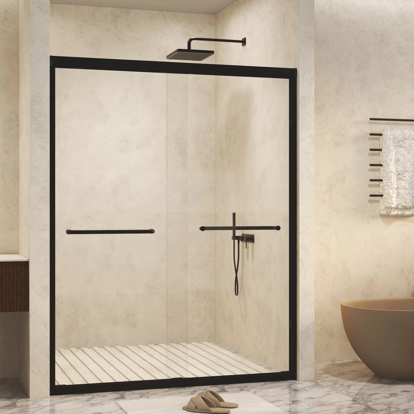 Sesslife 44-48" W x 72 in H Double Sliding Shower Door with Aluminum Frame, Modern Bathroom Shower Door with 1/4" Clear Tempered Glass and Stainless Steel Long Handles, SCGG Certified, Matte Black