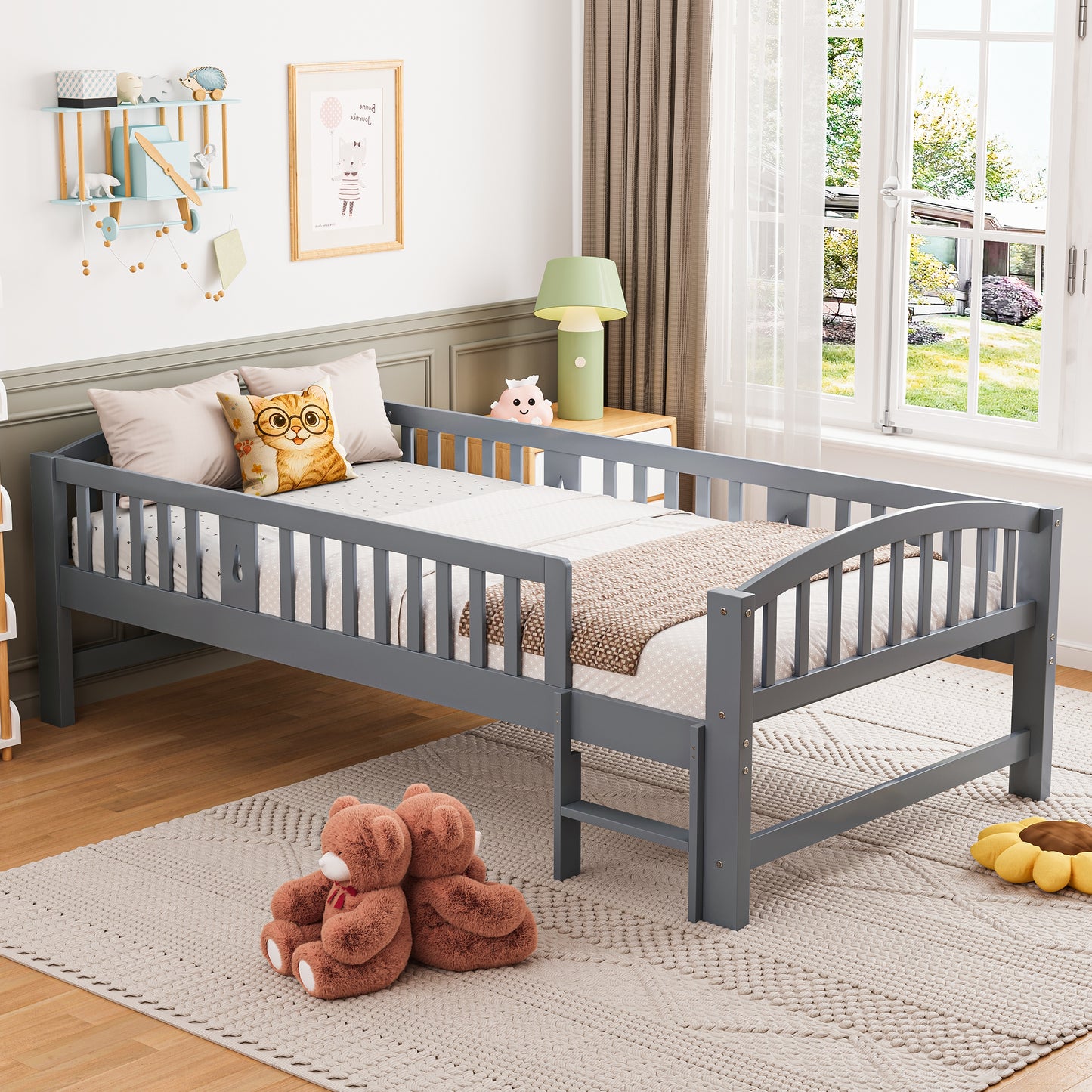SESSLIFE Twin Size Platform Bed for Kids, Solid Wood Toddler Bed Frame with Slats, Fence Guardrail Ladder, Montessori Floor Bed for Boys Girls, No Box Spring Needed, Holds 400 lbs, Natural