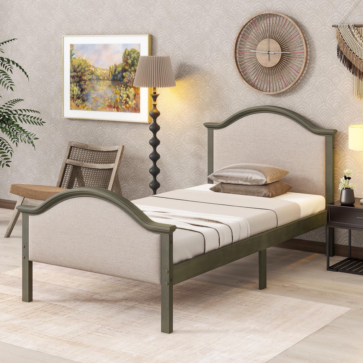 PORKISS Twin Size Platform Bed Frame, Solid Wood Bed with Headboard and Footboard, Grey