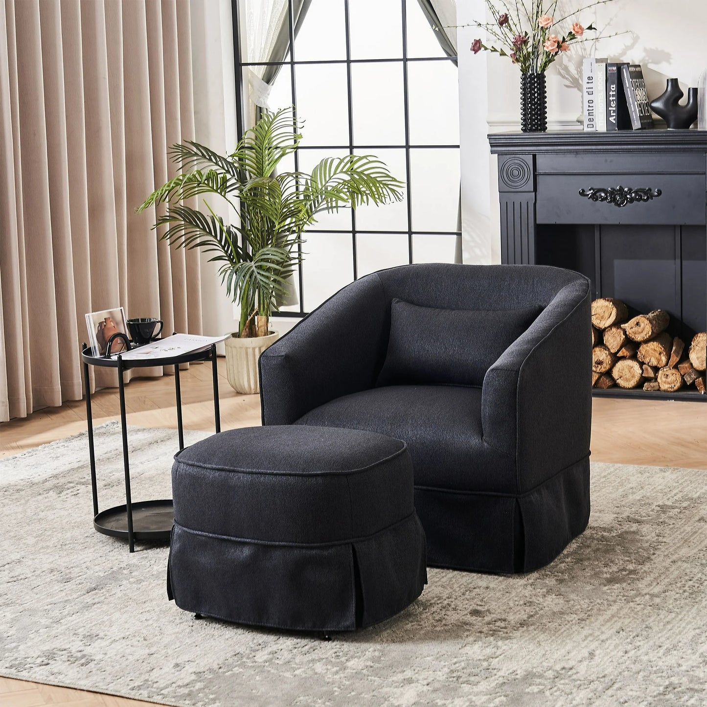 PORKISS Swivel Barrel Chair with Ottoman, Upholstered Accent Armchair 360 Degree Swivel, Comfy Upholstered Club Seat for Living Room Bedroom, Orange