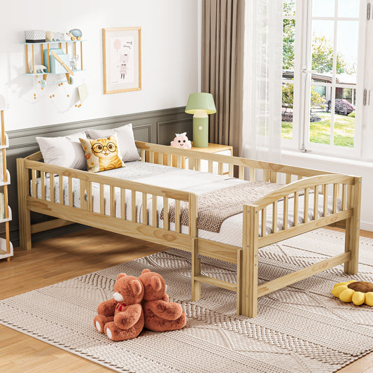 SESSLIFE Twin Size Platform Bed for Kids, Solid Wood Toddler Bed Frame with Slats, Fence Guardrail Ladder, Montessori Floor Bed for Boys Girls, No Box Spring Needed, Holds 400 lbs, Natural