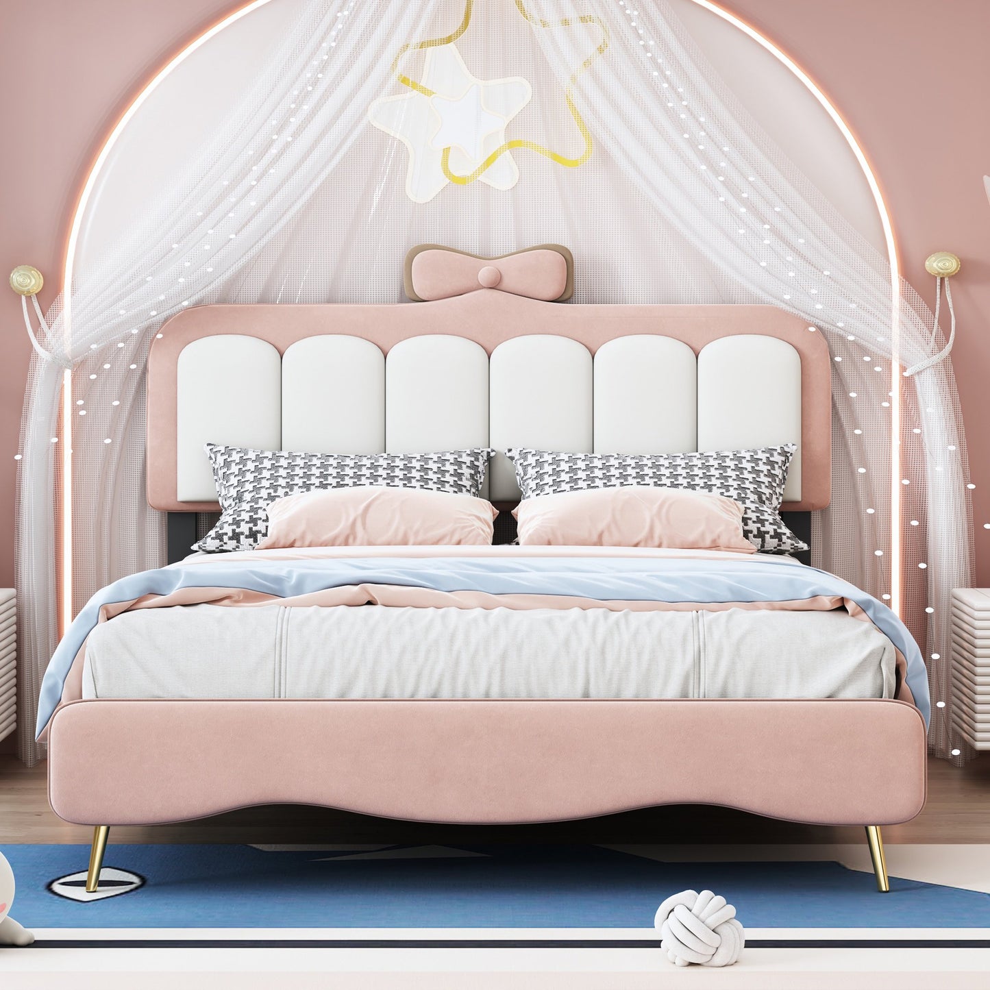 PORKISS Twin Bed Frame with Bow-Knot Headboard, Velvet Princess Upholstered Platform Bed for Kids Girls, White + Pink