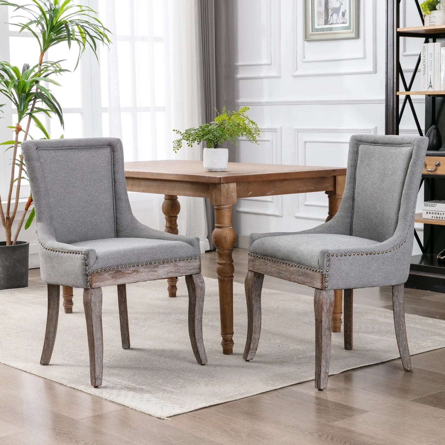 PORKISS Dining Chairs Set of 2, Thickened Fabric Chairs with Solid Wood Legs, Modern Upholstered Dining Chairs, Beige