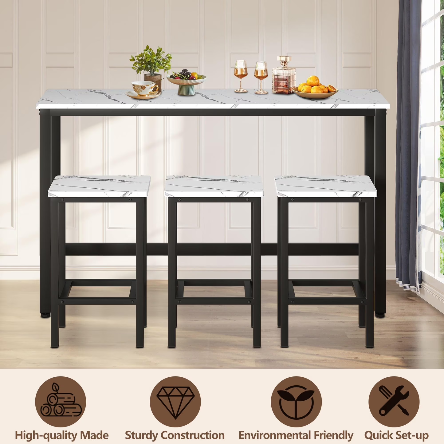 Dining Table Set for 3, Modern Kitchen Table Set with 3 Stools, Extra Long Bar Table Set, Wooden Pub Table and Chairs Set, Saving Space Patio Restaurant Bistro Table Set, Gray, JA2869