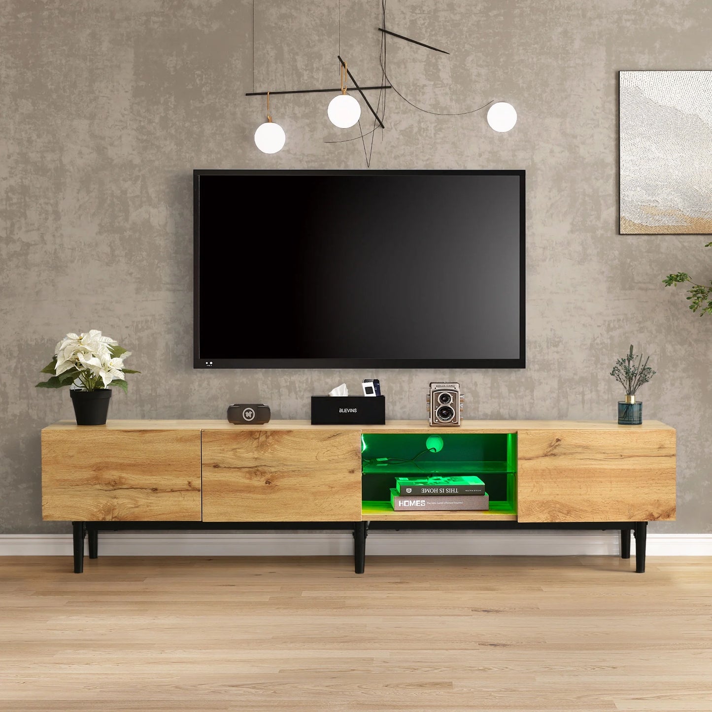 PORKISS LED TV Stand for 80 Inch TV, Modern TV Stand with 4 Cabinets and Open Shelves, Home Entertainment Center, Wood