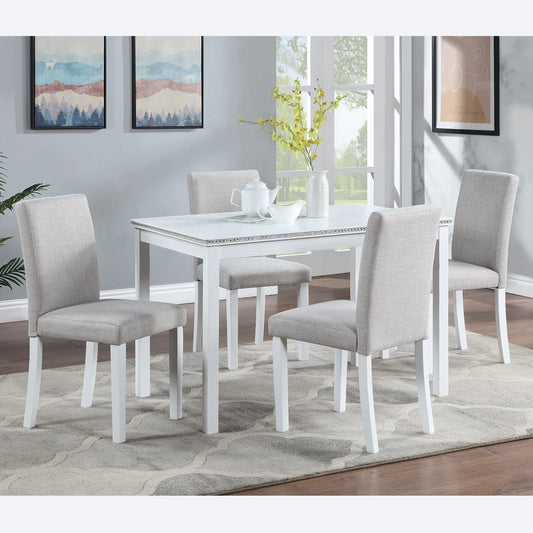 PORKISS Dining Table Set for 4, Dining Room Set with 1 Rectangular Table 4 Upholstered Chairs, White