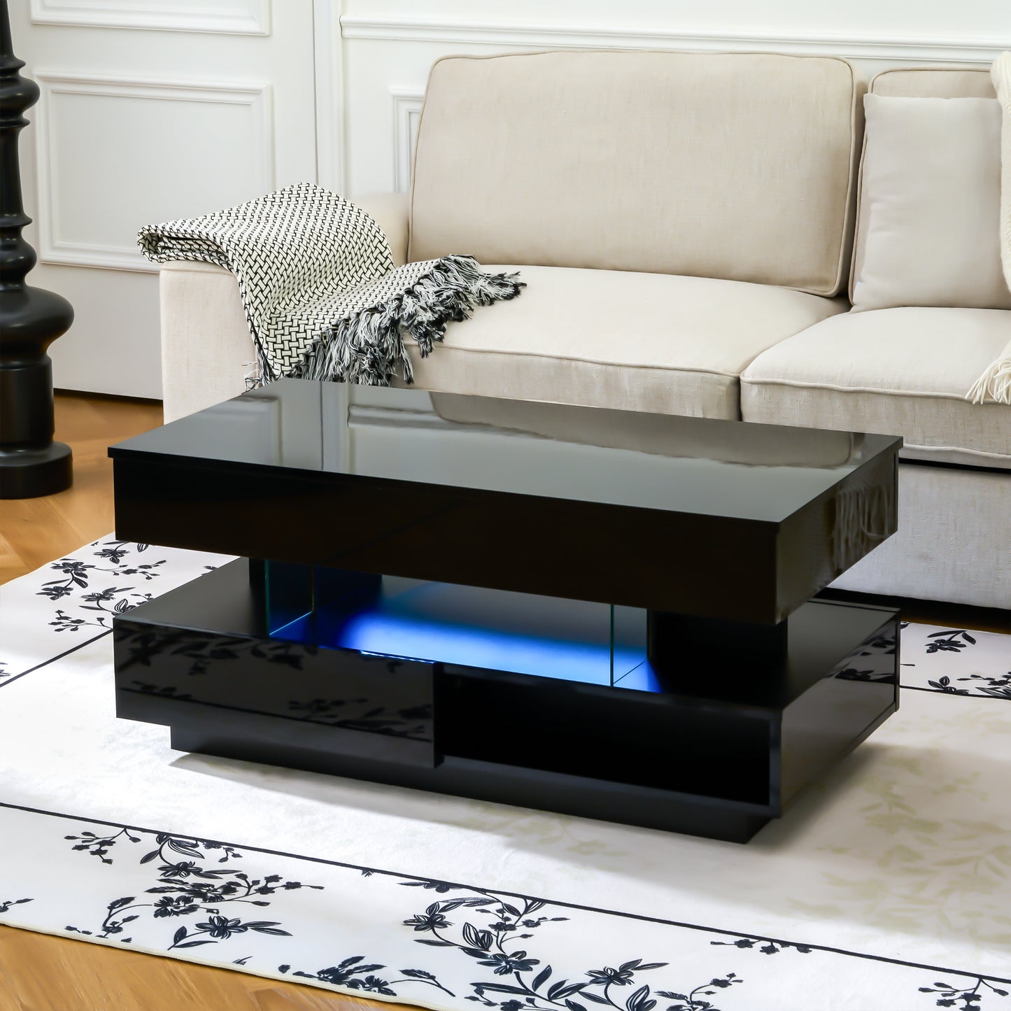 SESSLIFE Modern Lift Top Coffee Table with Storage, Hidden Compartment and LED Lighting, Multifunctional Centerpiece for Small Spaces, 39.3 Inch, Black