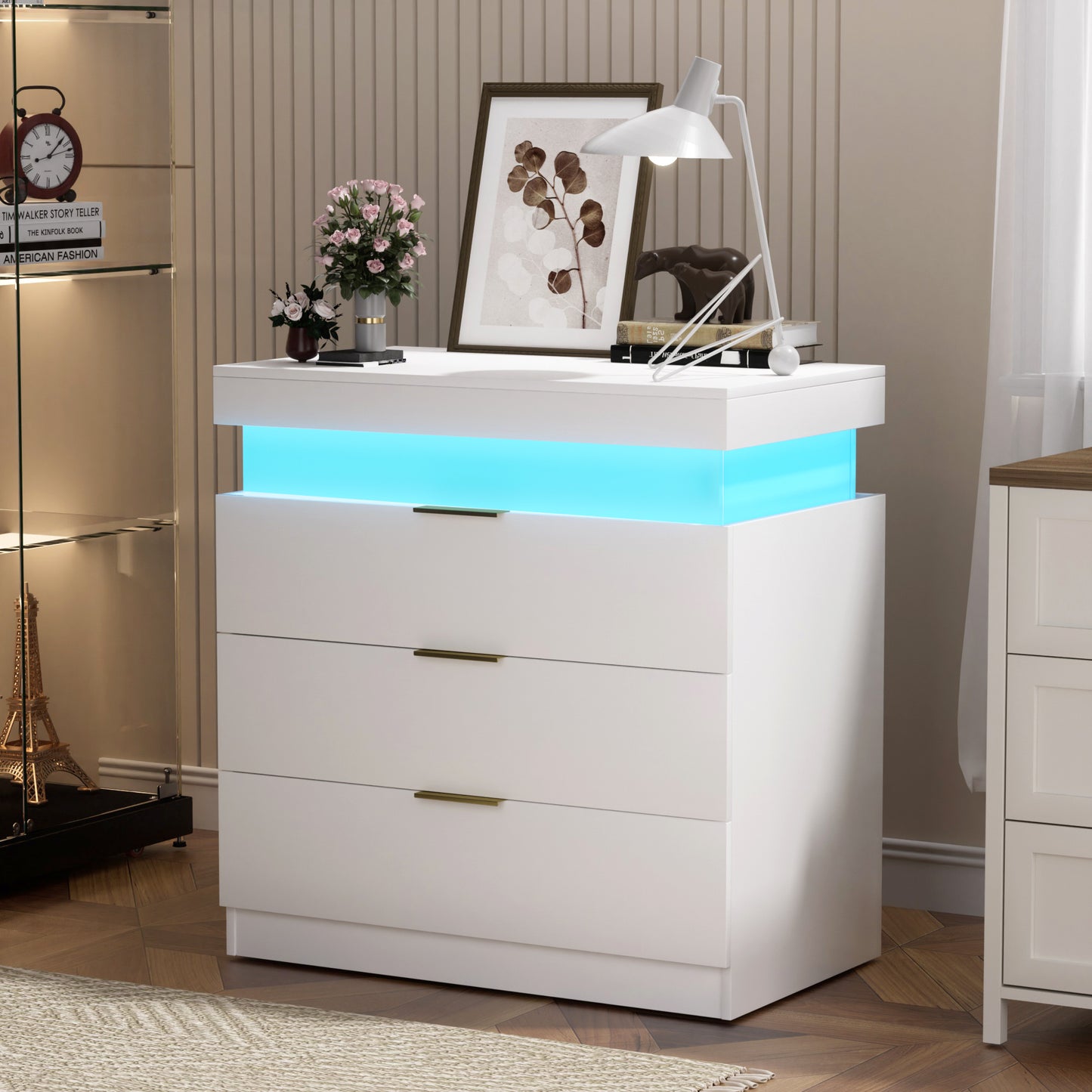 SESSLIFE Modern LED Nightstand with App and Remote Control, RGB LED Night Stand with Hidden Charging Station, Sliding Top and Drawers for Bedroom, White