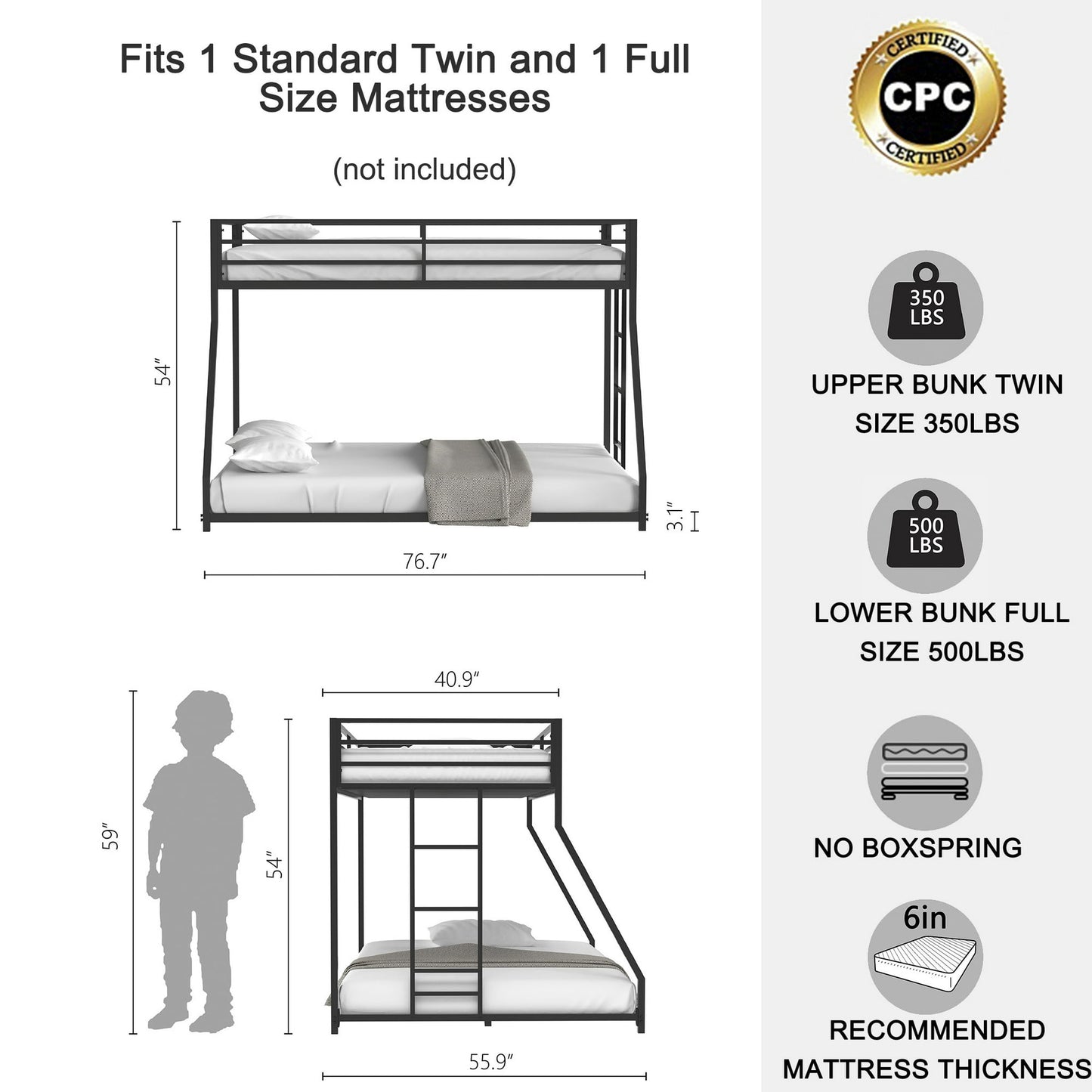SESSLIFE Twin over Full Bunk Bed with Durable Ladder and High Guardrail, Low Bunk Beds Metal Frame for Boys Girls Teens, Easy Climbing, Max 500lbs