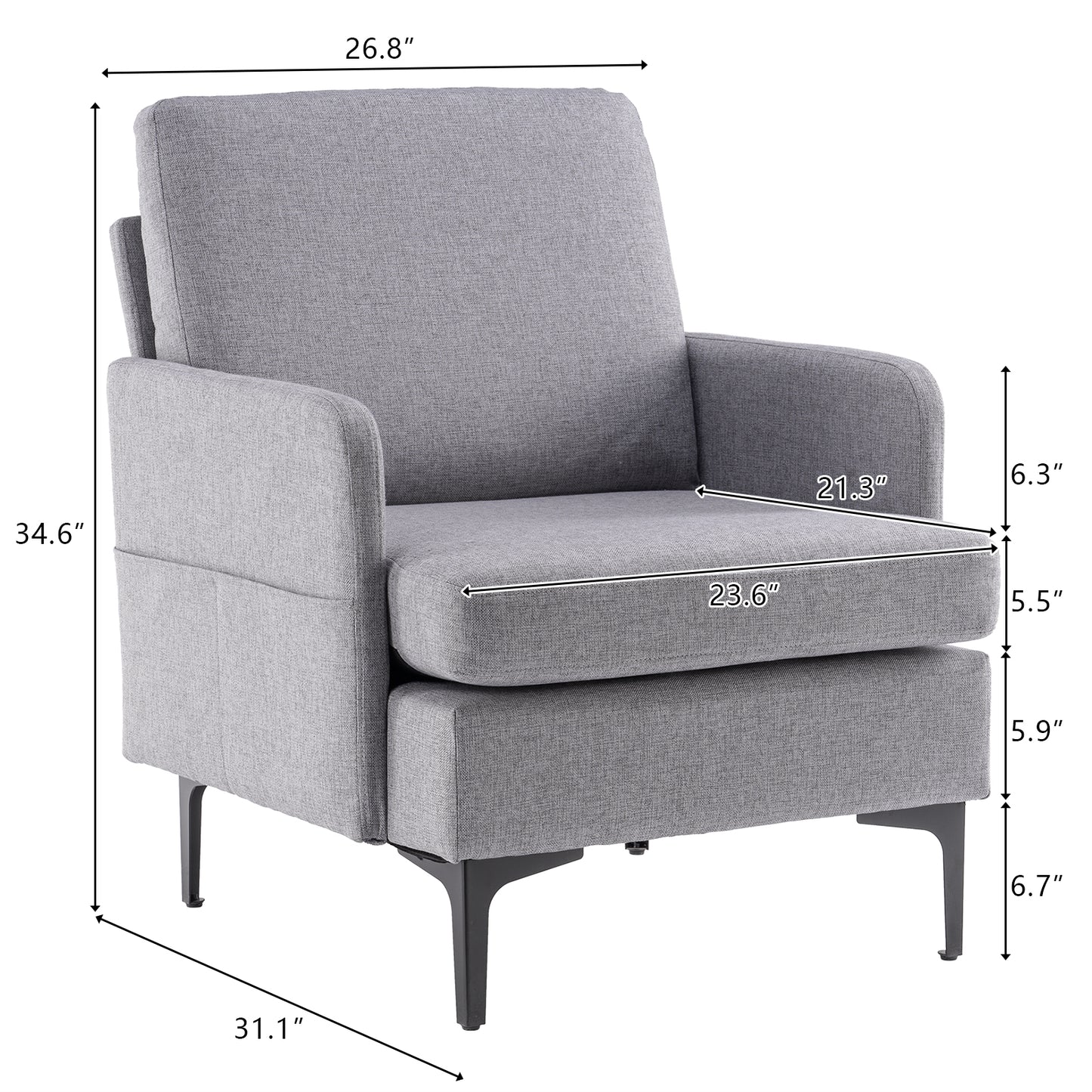 Sesslife Single Sofa, Modern Accent Chair with Metal Feet, Modern Leisure Arm Chair for Bedroom, Living Room, Light Gray