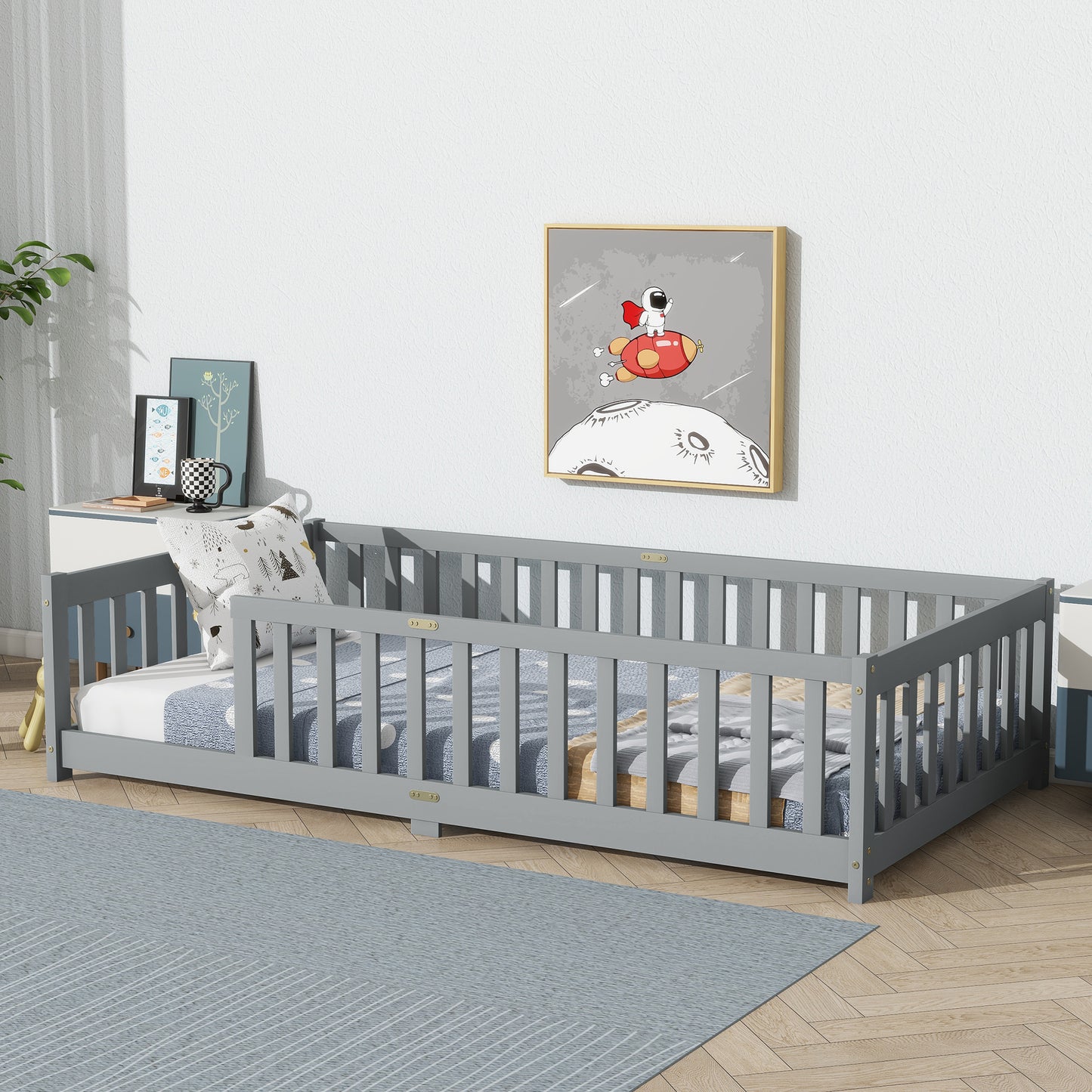 Sesslife Twin Montessori Floor Bed, Twin Size Floor Bed with Fence Without Door, Toddler Bed with Salts, Safety Guardrails, No Box Spring Needed, Twin Bed for Kids Girls, Boys, White