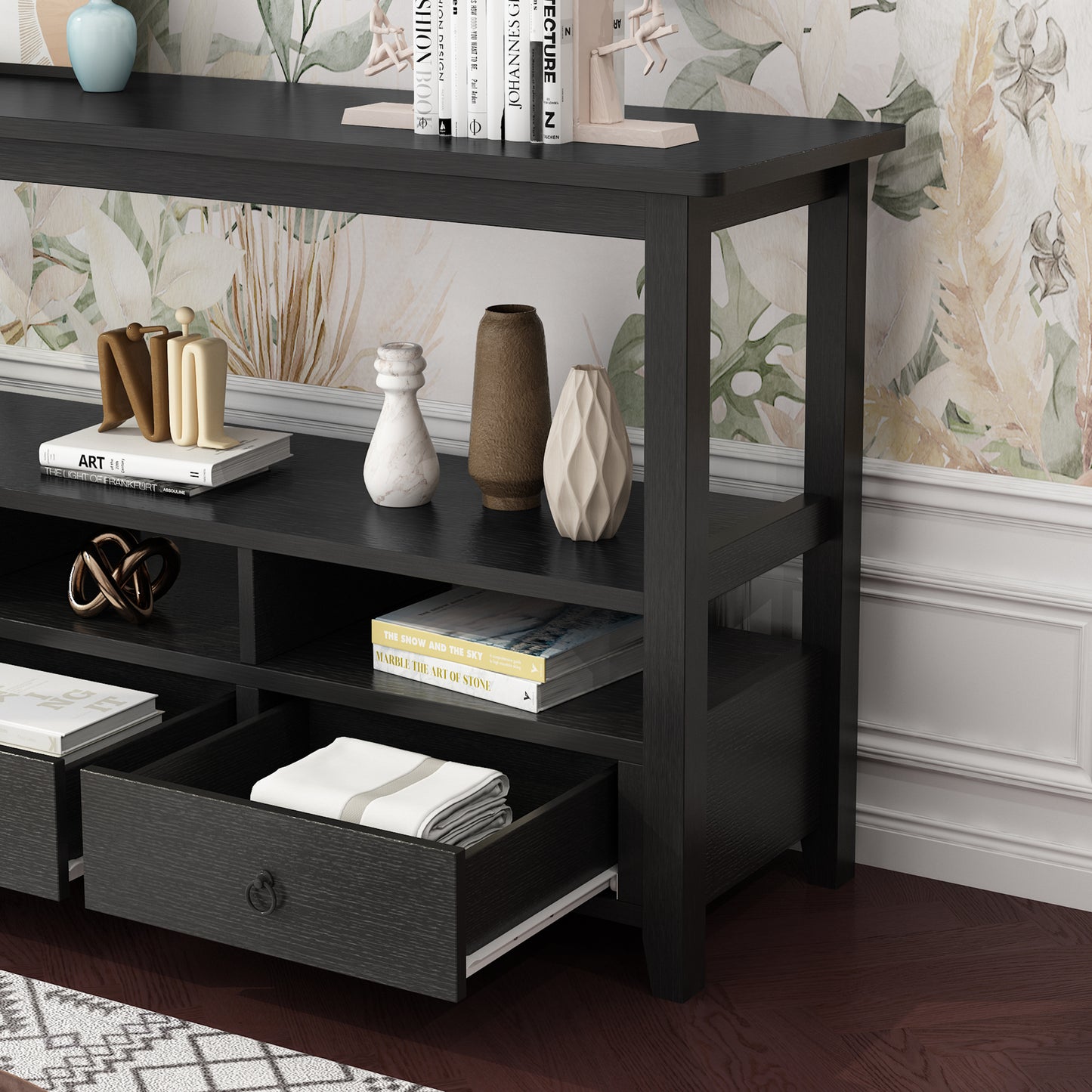 SESSLIFE Console Table with Drawers and Shelves, Narrow Entryway Console Table with Storage, Black Industrial Sofa Table for Living Room, Hallway, Behind Couch