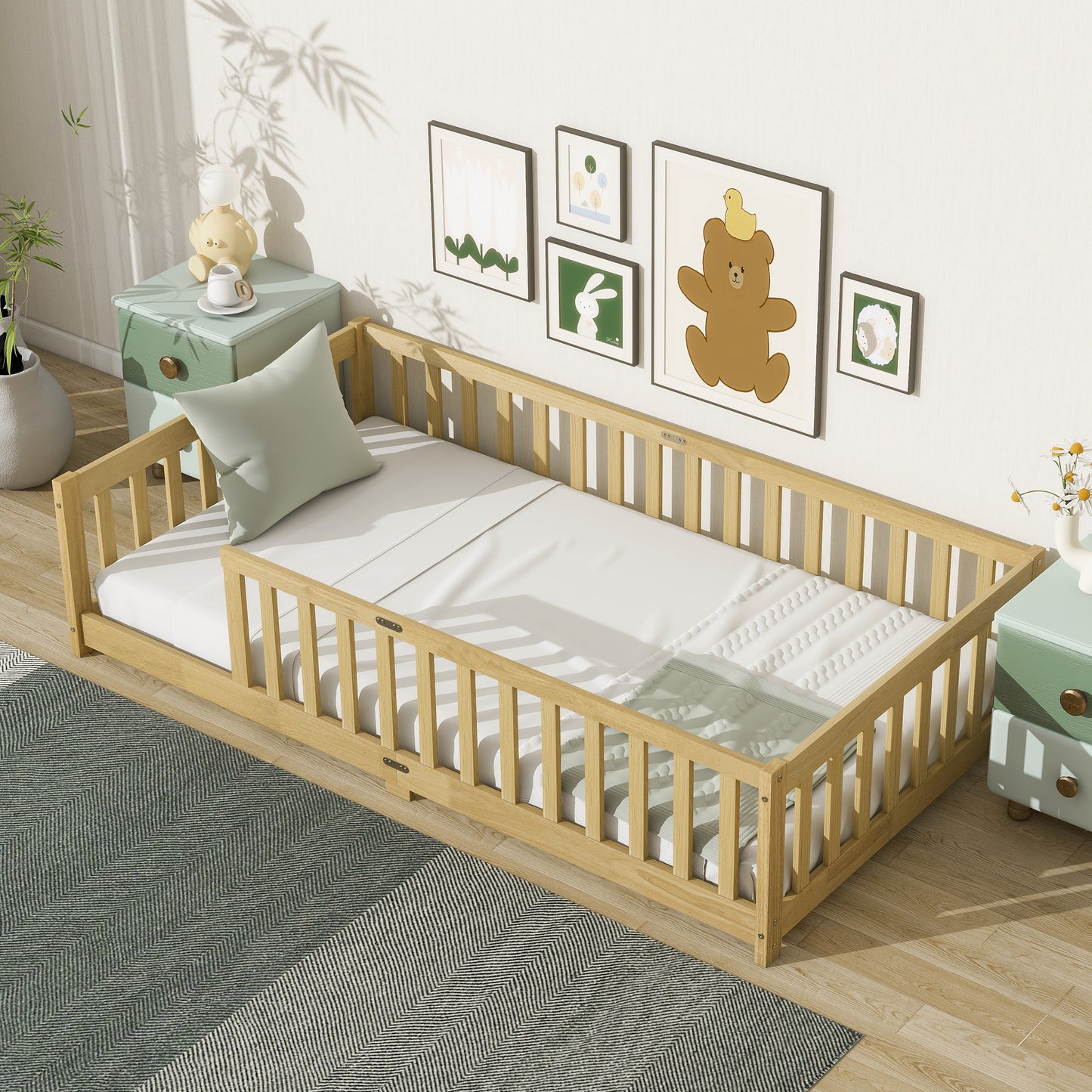 SESSLIFE Twin Size Floor Bed with Safety Fence, Low Profile Platform Bed Frame with Guardrails, Solid Wood Floor Bed with Slats, No Box Spring Needed, White