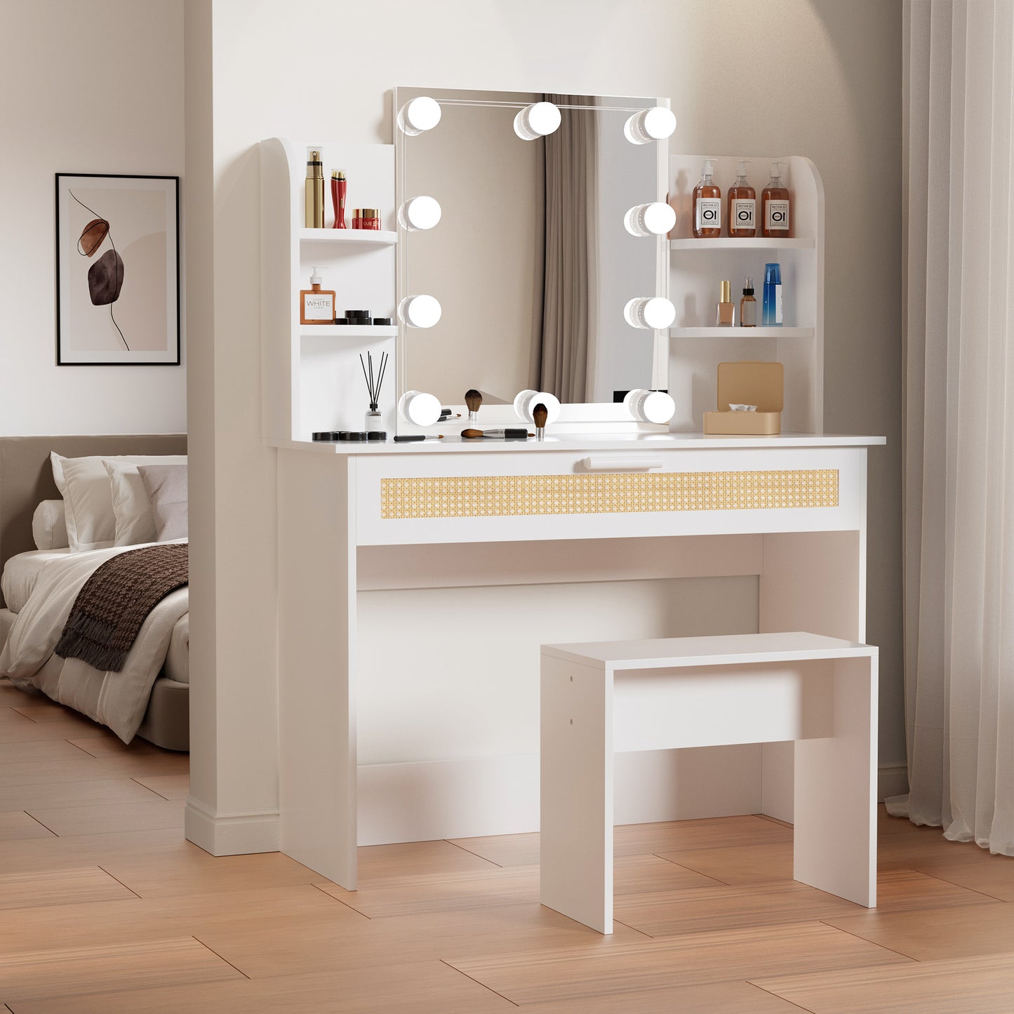 Lighted Vanity Desk Set, Wood Dressing Table with Mirror and Stool, Modern Makeup Vanity Table Set with Drawer and Shelves, Freestanding Cosmetic Table for Bedroom, Nature Color