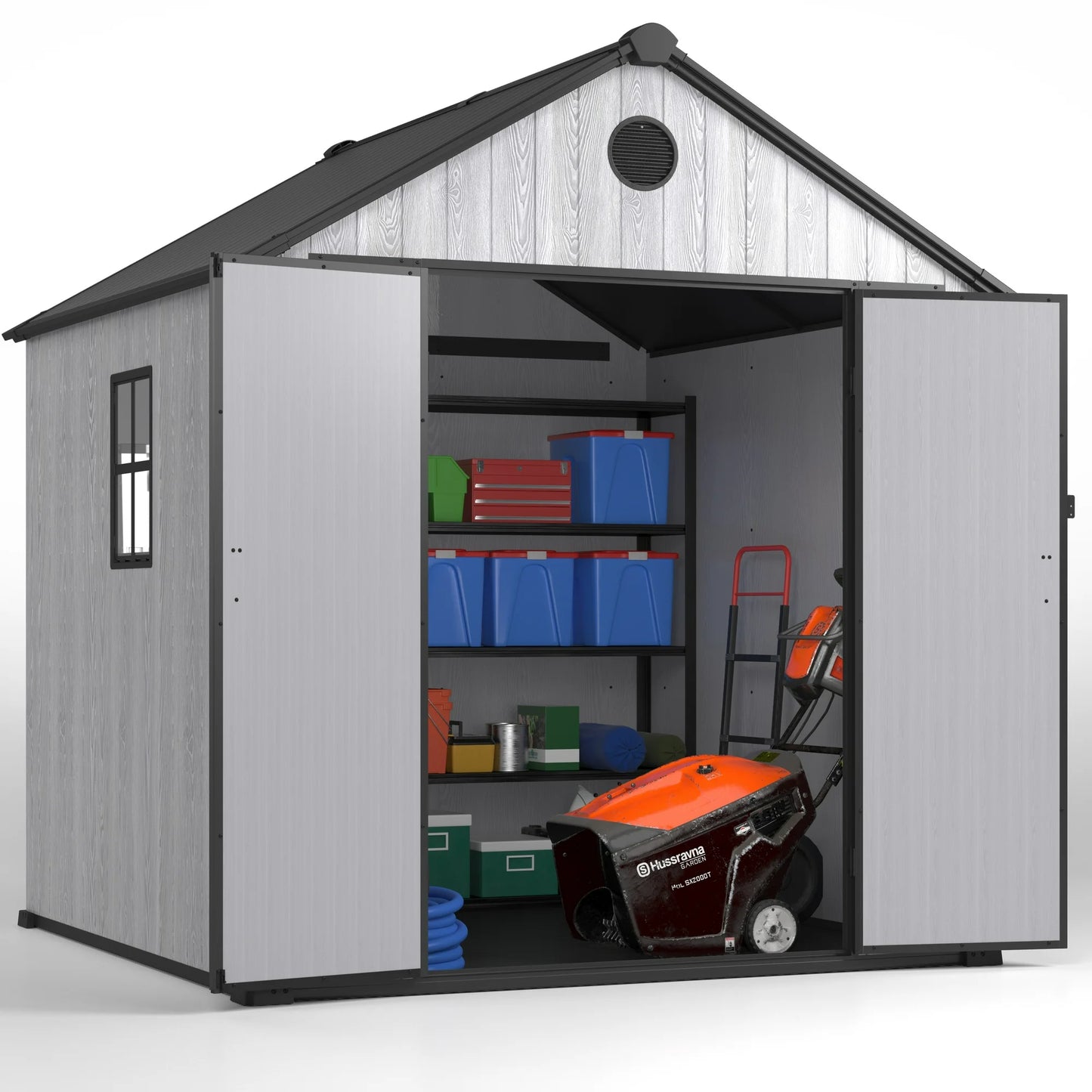 8' x 8' Outdoor Storage Shed, ENYOPRO Plastic Resin Utility Tool Storage Shed w/Lockable Doors for Patio Backyard Lawn, Gray