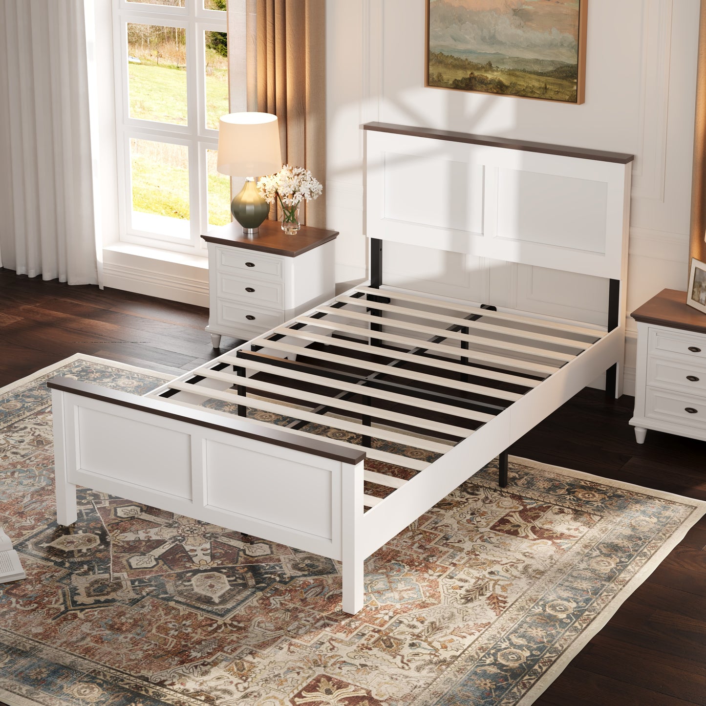 Upholstered Platform Bed Frame with Tufted Headboard, Modern Queen Size Bed Frame with Solid Wood Legs, Mid-Century Platform Bed for Adults Kids, No Box Spring Needed, Grey
