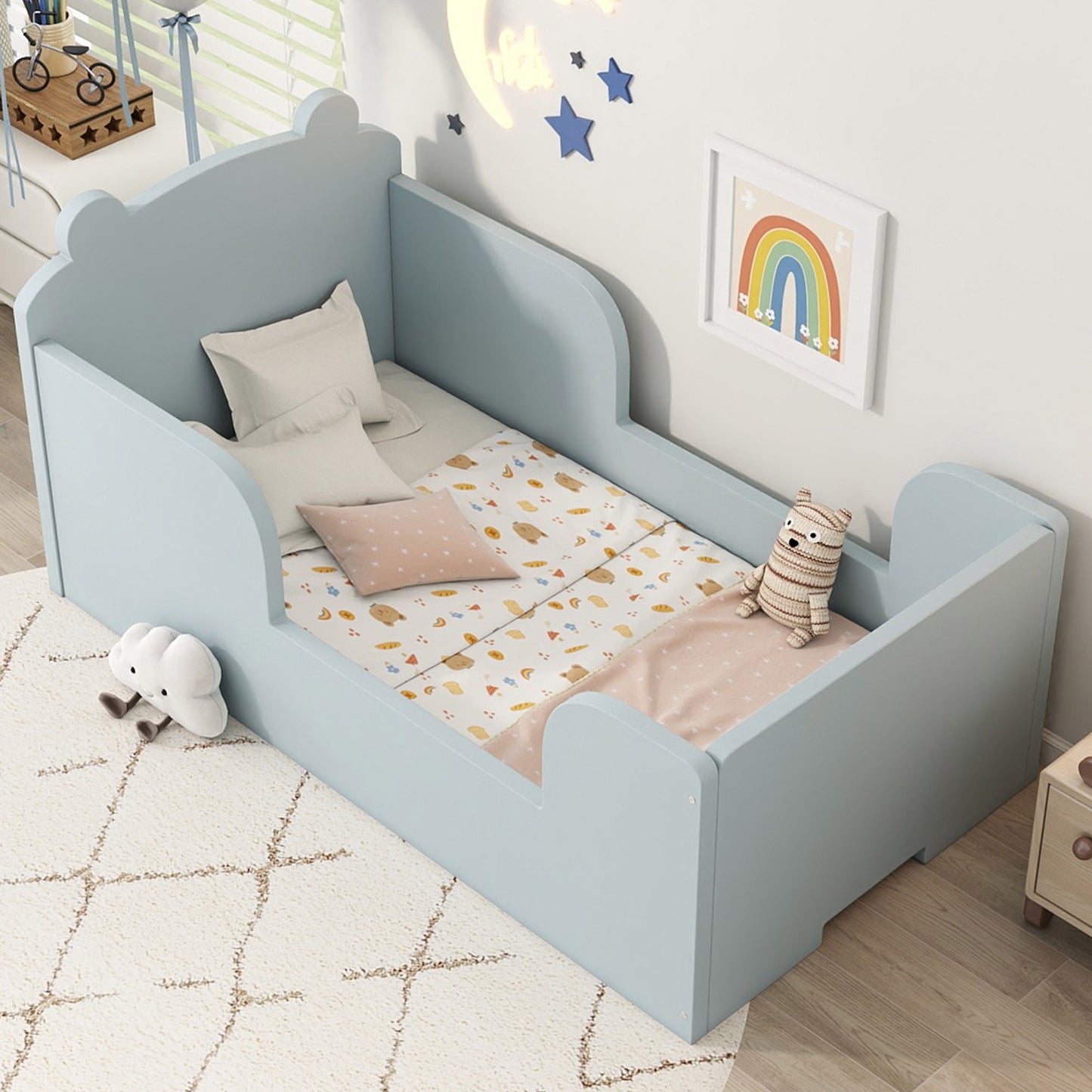 Toddler Floor Bed, Wood Toddler Bed Frame with Bear Shape Headboard, Slats and Safety Guardrails, Montessori Bed for Boys Girls Kids Bedroom, Crib Bed for Ages 3-6, Baby Blue