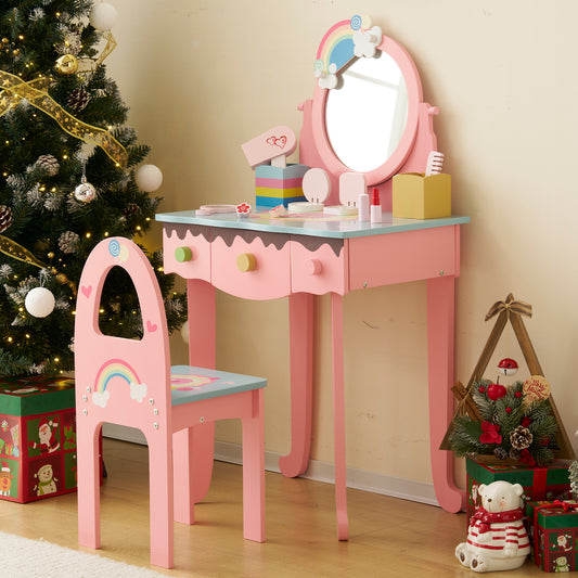 SESSLIFE Princess Vanity Table Set with Mirror and Chair, Pink Dressing Table with 3 Drawers Storage, Pretend Play Makeup Vanity Table for Bedroom or Playroom