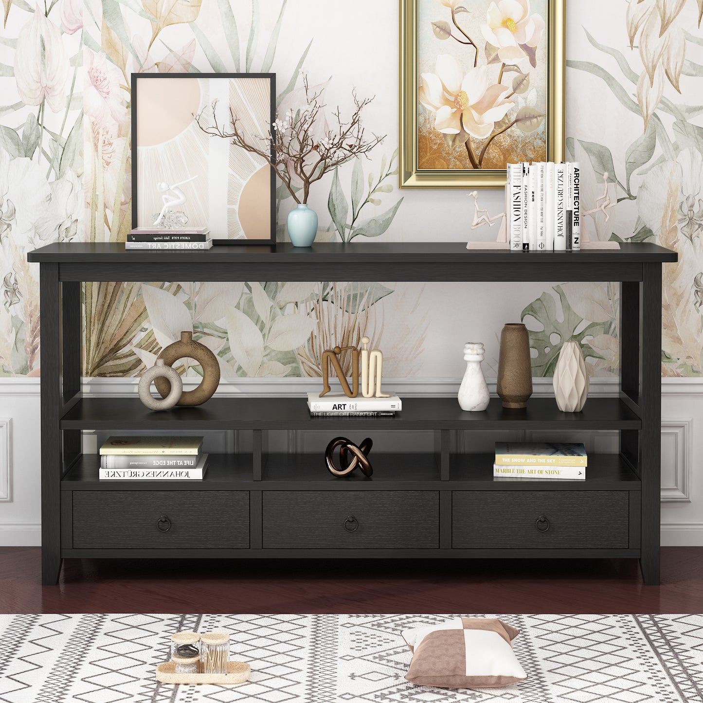 SESSLIFE Console Table with Drawers and Shelves, Narrow Entryway Console Table with Storage, Black Industrial Sofa Table for Living Room, Hallway, Behind Couch