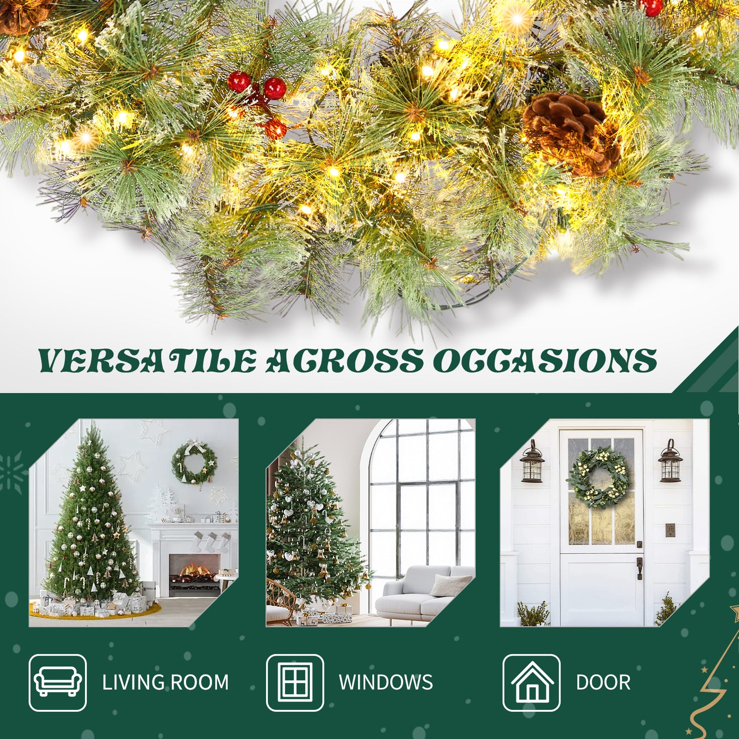 SESSLIFE 2Pcs Christmas Wreath, 24 Inch Pre-Lit Artificial Xmas Wreaths with 100 Warm White LEDs and Pine Cones, Battery Powered Artificial Wreaths for Indoor and Outdoor Decor